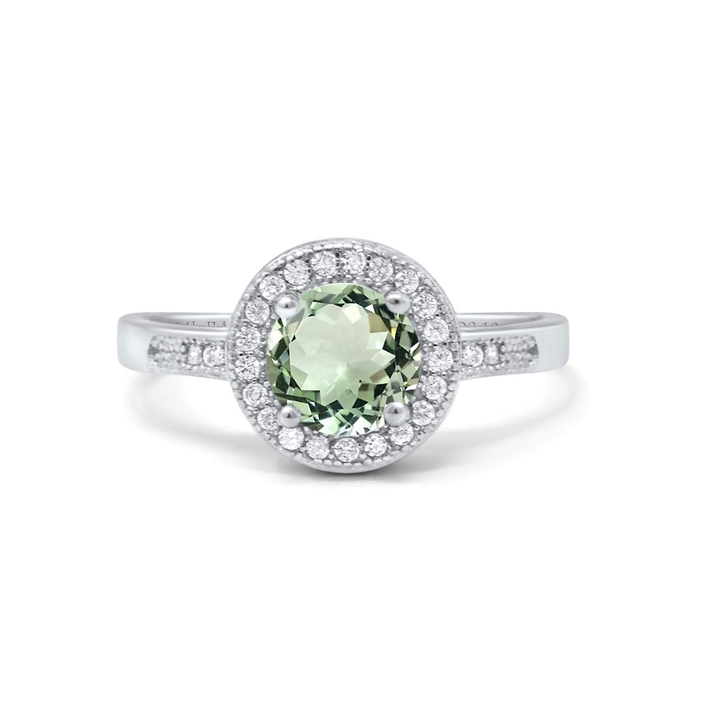 14K White Gold 0.94ct Round Art Deco 6mm G SI Natural Green Amethyst Diamond Engagement Wedding Ring Size 6.5