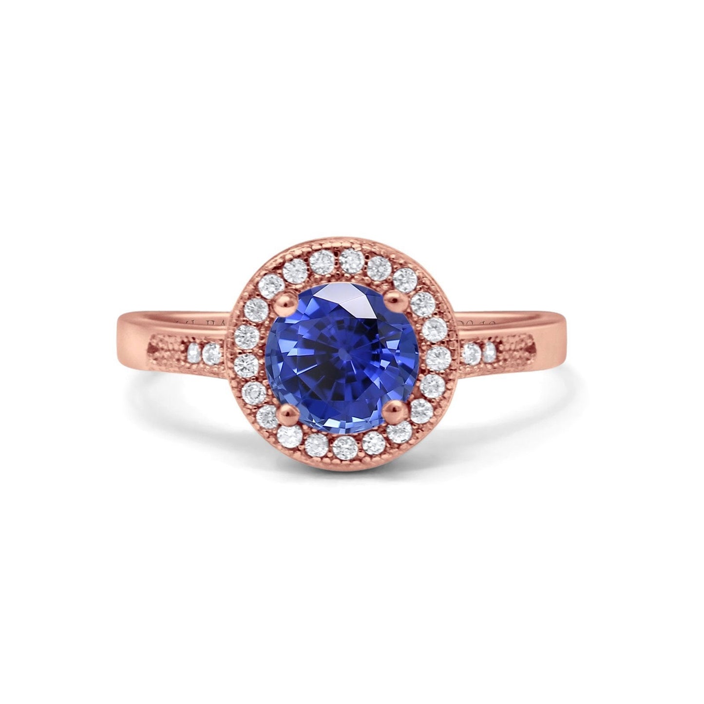 14K Rose Gold 0.94ct Round Art Deco 6mm G SI Nano Blue Sapphire Diamond Engagement Wedding Ring Size 6.5