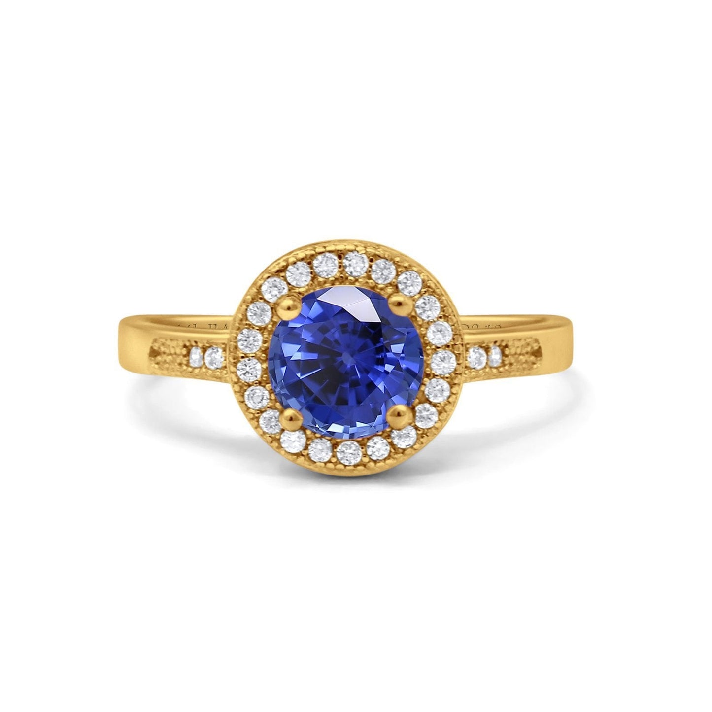 14K Yellow Gold 0.94ct Round Art Deco 6mm G SI Nano Blue Sapphire Diamond Engagement Wedding Ring Size 6.5