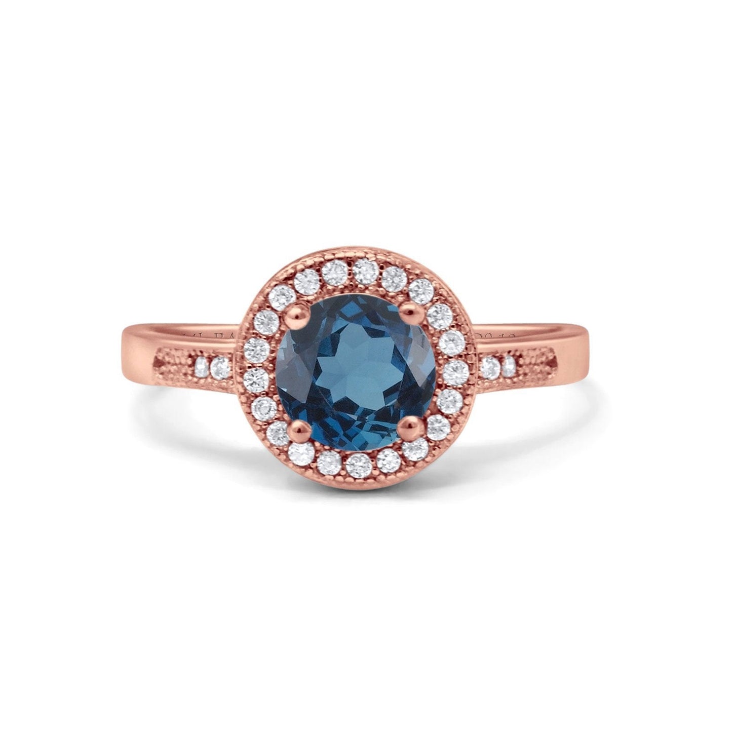 14K Rose Gold 0.94ct Round Art Deco 6mm G SI London Blue Topaz Diamond Engagement Wedding Ring Size 6.5