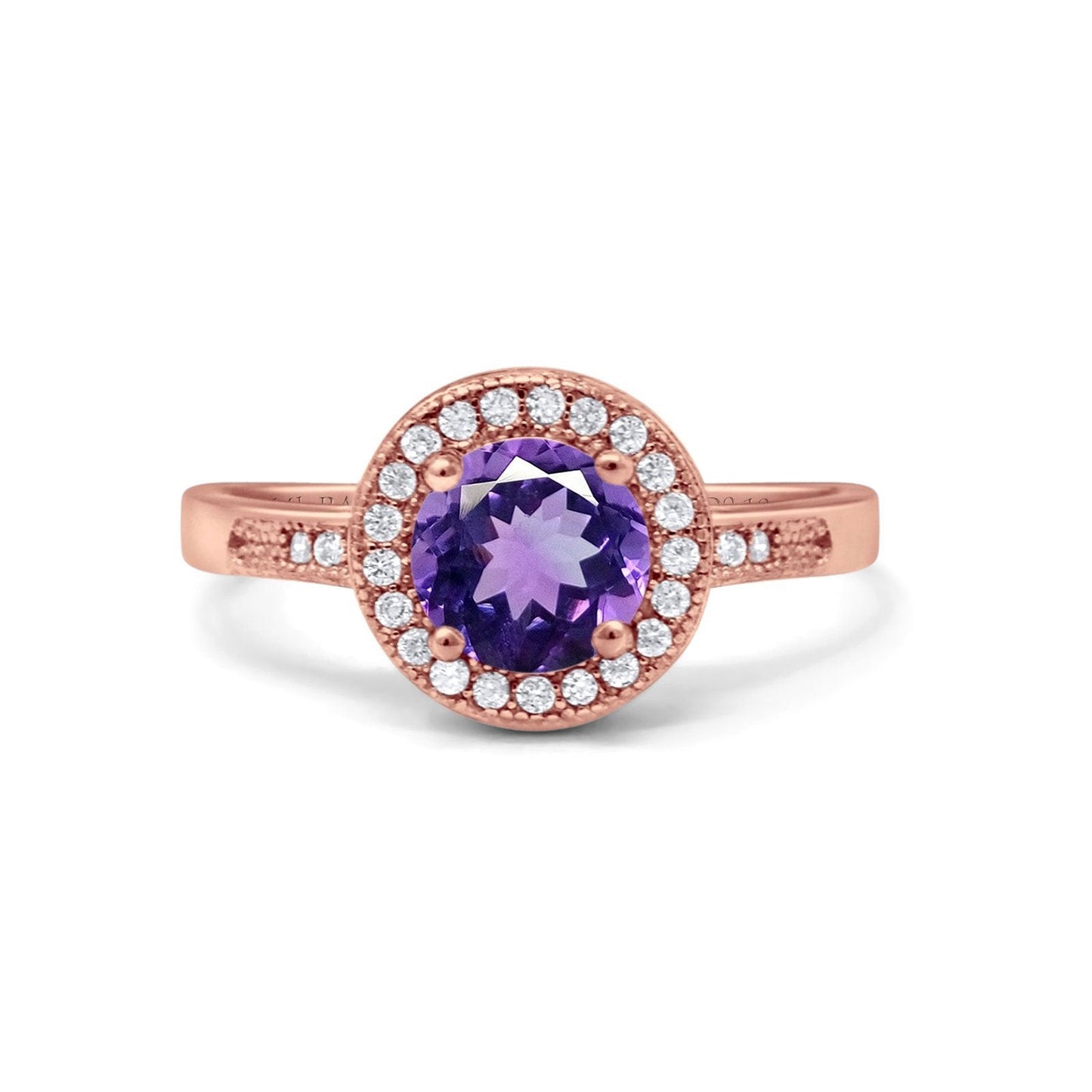 14K Rose Gold 0.94ct Round Art Deco 6mm G SI Natural Amethyst Diamond Engagement Wedding Ring Size 6.5