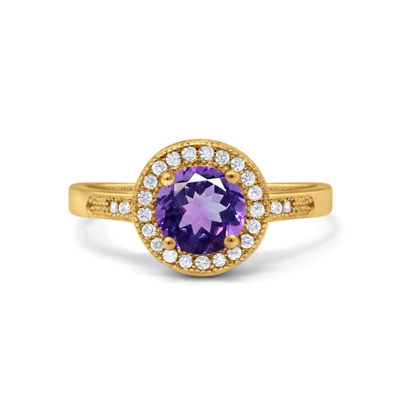 14K Yellow Gold 0.94ct Round Art Deco 6mm G SI Natural Amethyst Diamond Engagement Wedding Ring Size 6.5