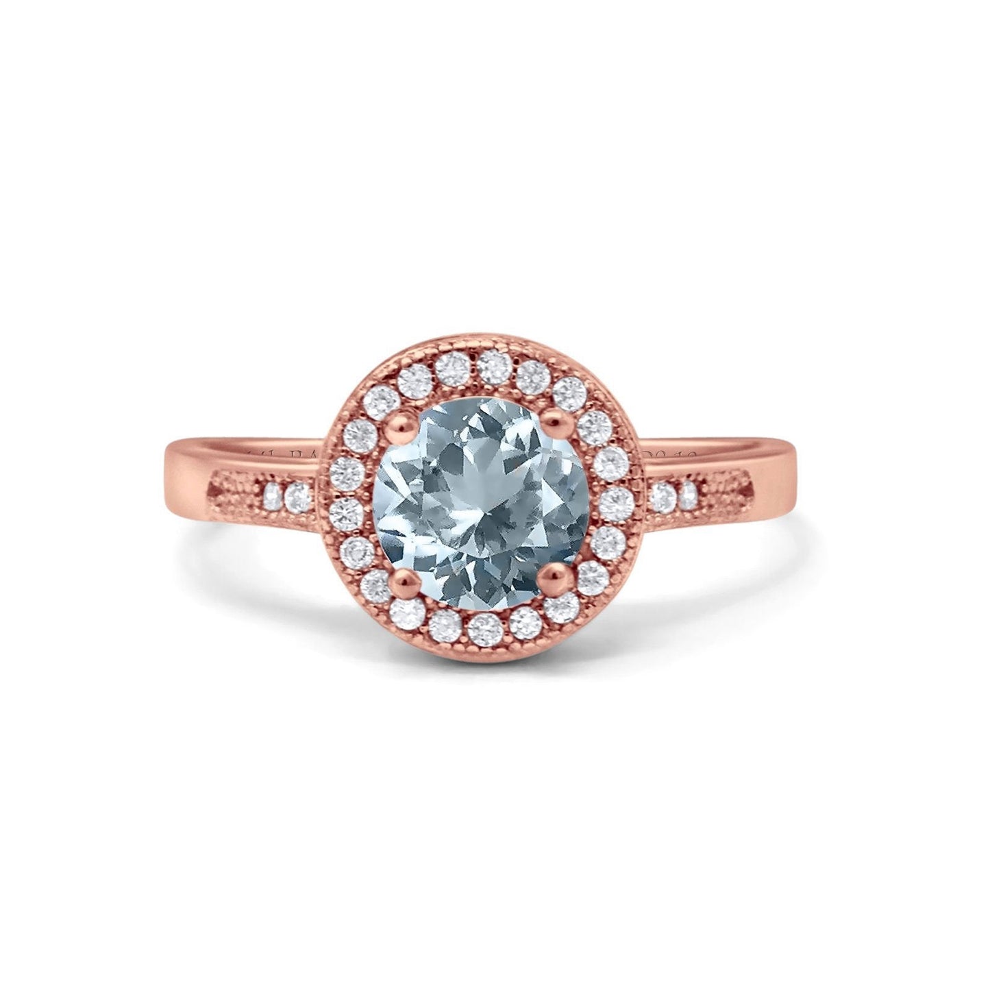 14K Rose Gold 0.94ct Round Art Deco 6mm G SI Natural Aquamarine Diamond Engagement Wedding Ring Size 6.5