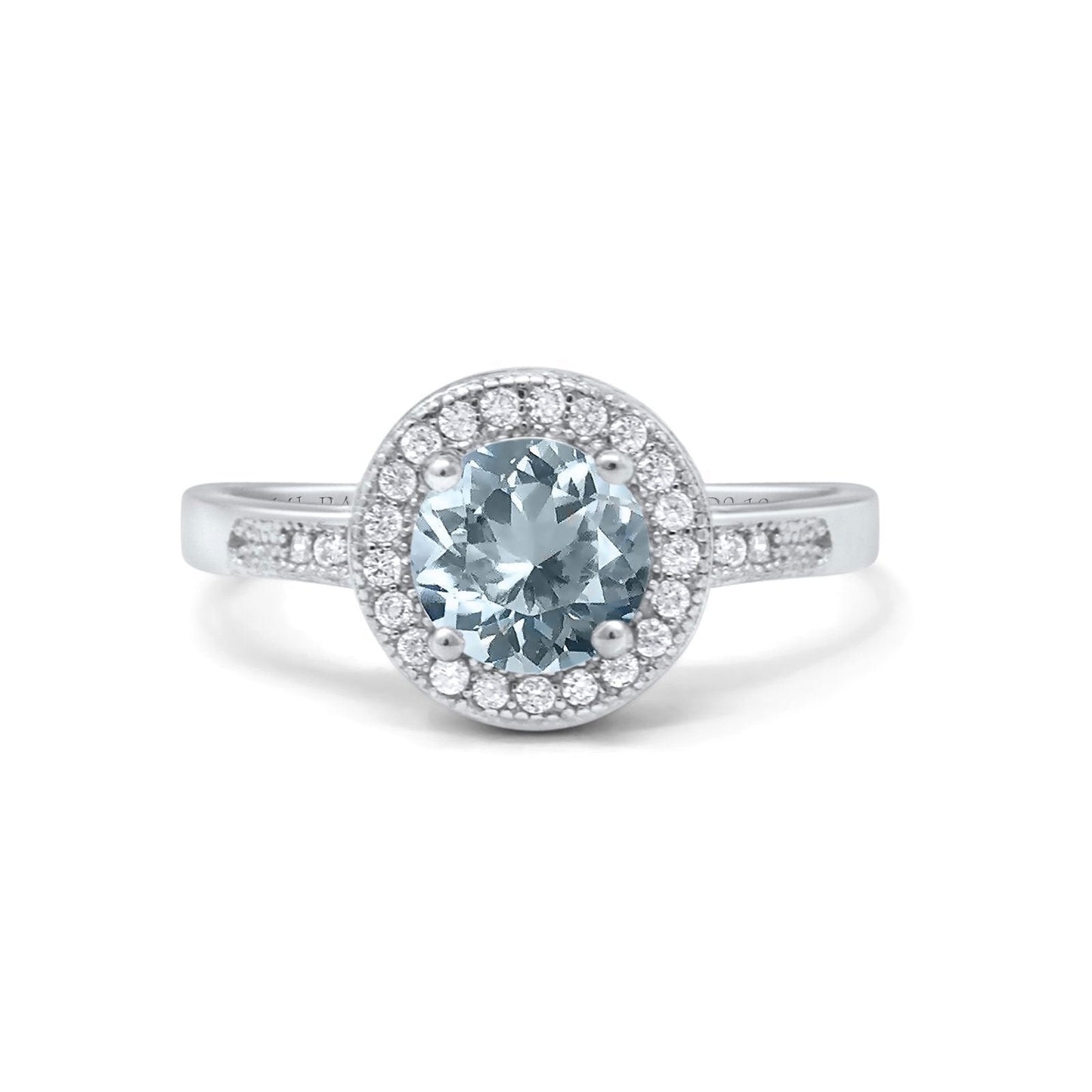 14K White Gold 0.94ct Round Art Deco 6mm G SI Natural Aquamarine Diamond Engagement Wedding Ring Size 6.5