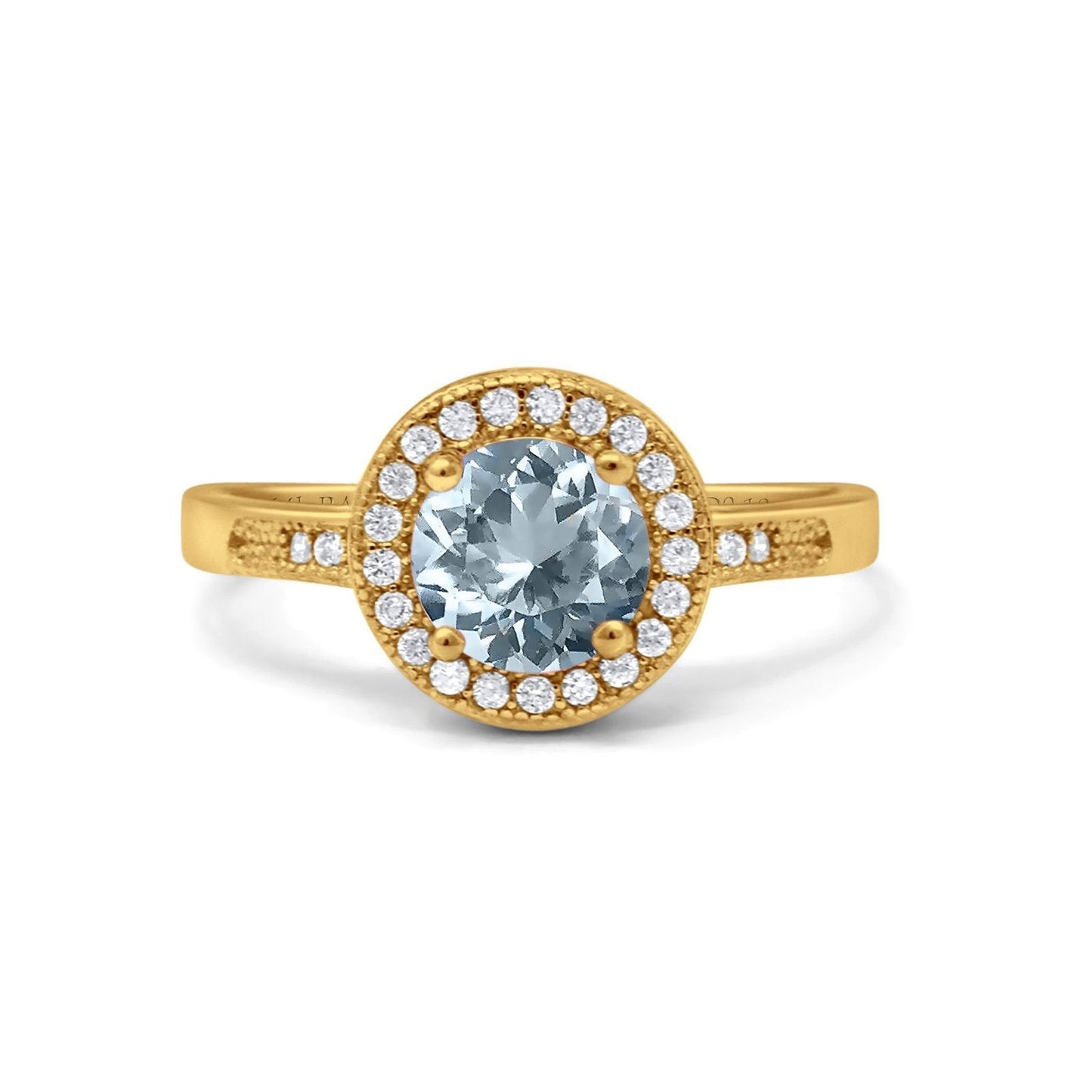 14K Yellow Gold 0.94ct Round Art Deco 6mm G SI Natural Aquamarine Diamond Engagement Wedding Ring Size 6.5