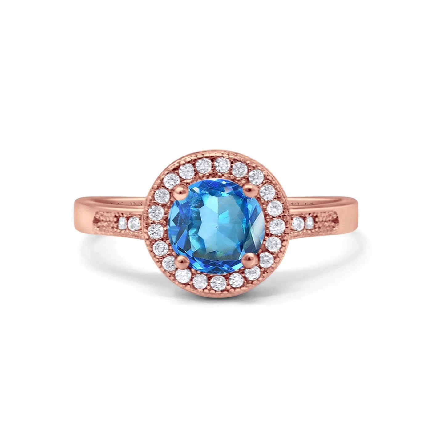 14K Rose Gold 0.94ct Round Art Deco 6mm G SI Natural Blue Topaz Diamond Engagement Wedding Ring Size 6.5