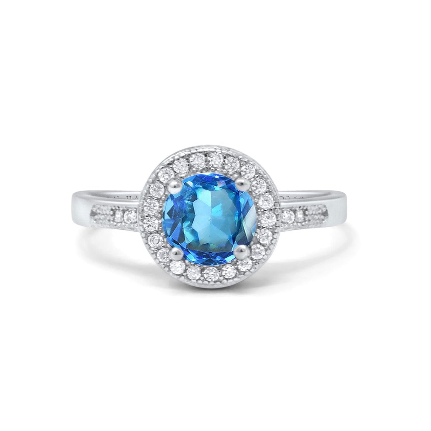 Bague de fiançailles en or blanc 14 carats 0,94 ct Art déco ronde 6 mm G SI avec topaze bleue naturelle et diamant taille 6,5