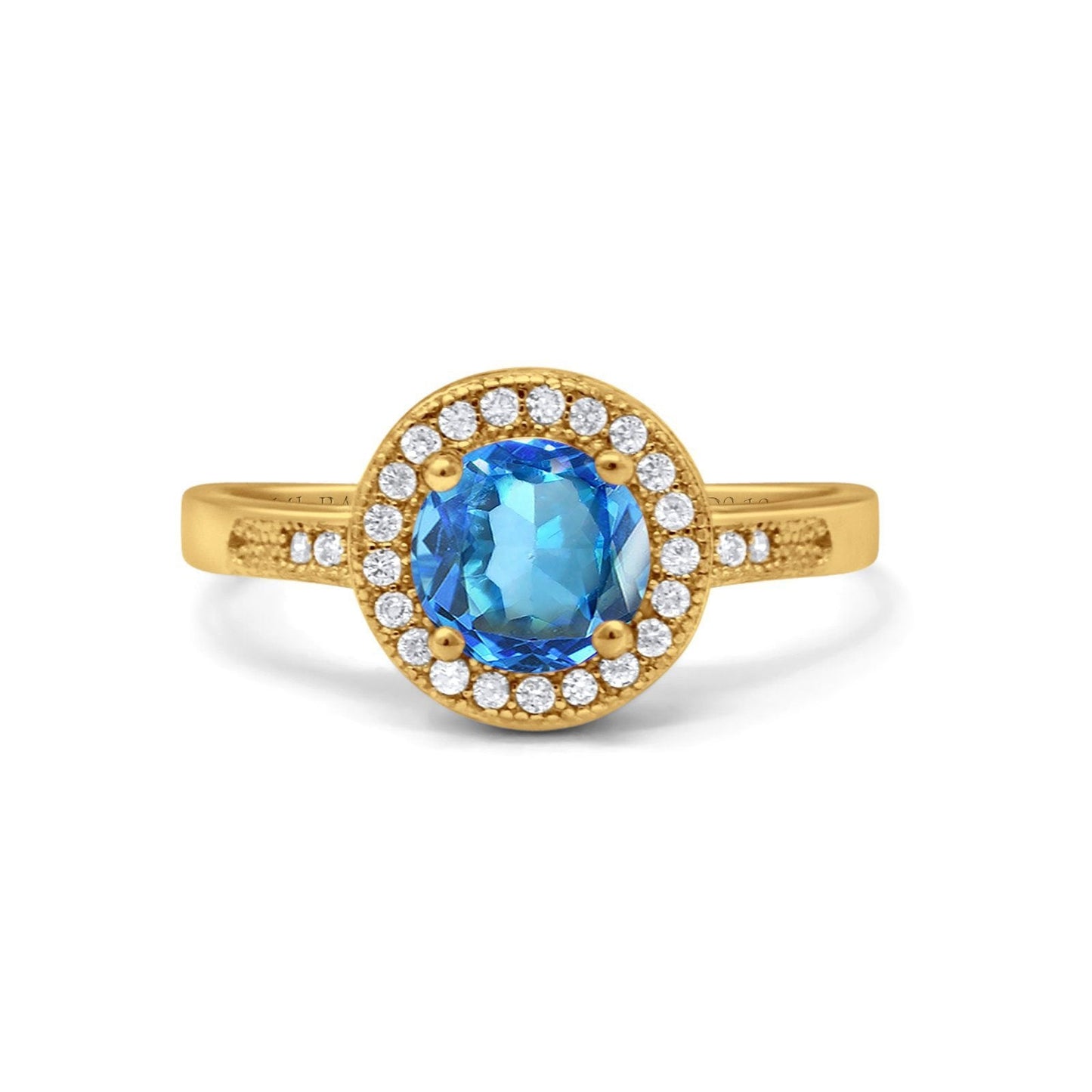 14K Yellow Gold 0.94ct Round Art Deco 6mm G SI Natural Blue Topaz Diamond Engagement Wedding Ring Size 6.5