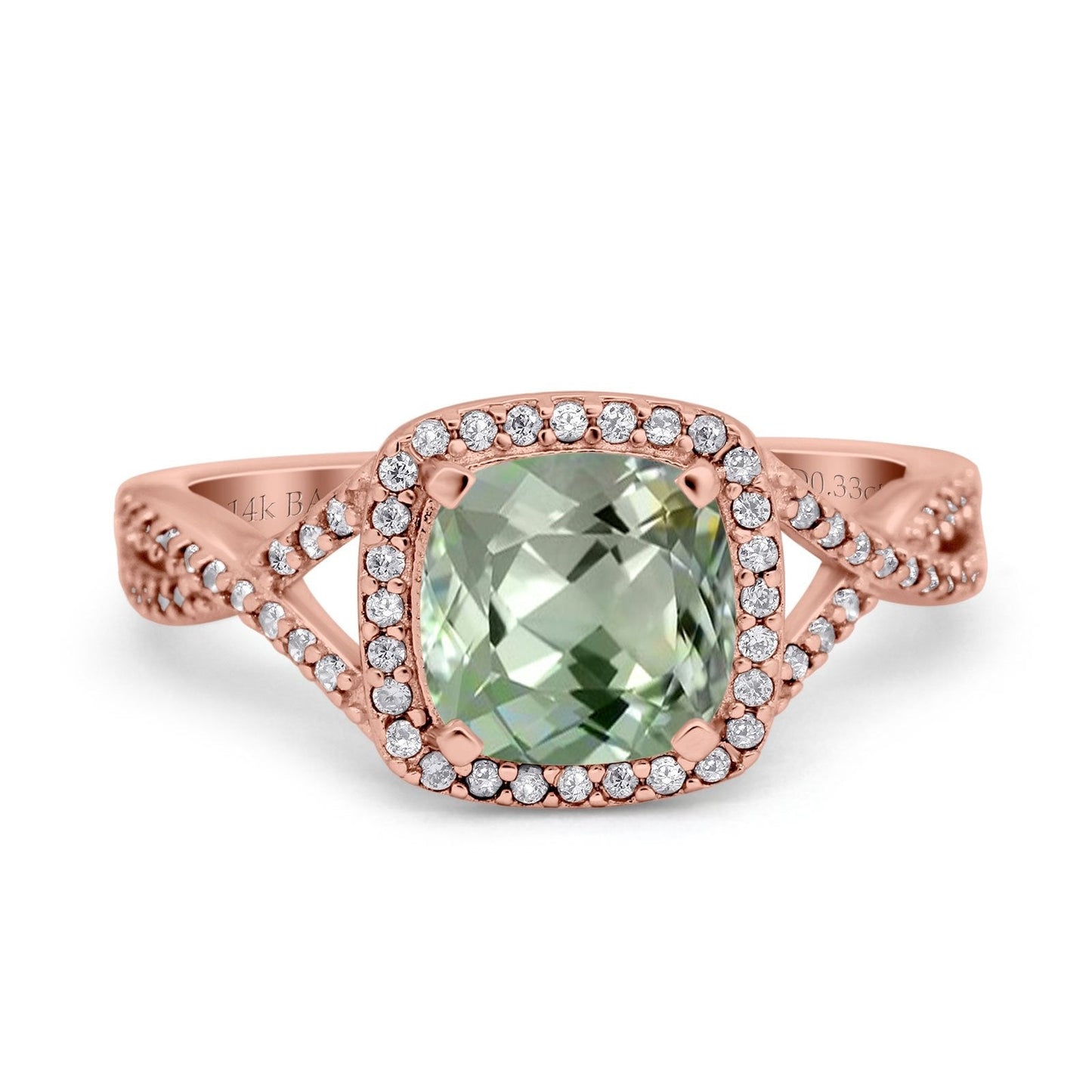 14K Rose Gold 2.37ct Cushion Infinity Shank 8mm G SI Natural Green Amethyst Diamond Engagement Wedding Ring Size 6.5