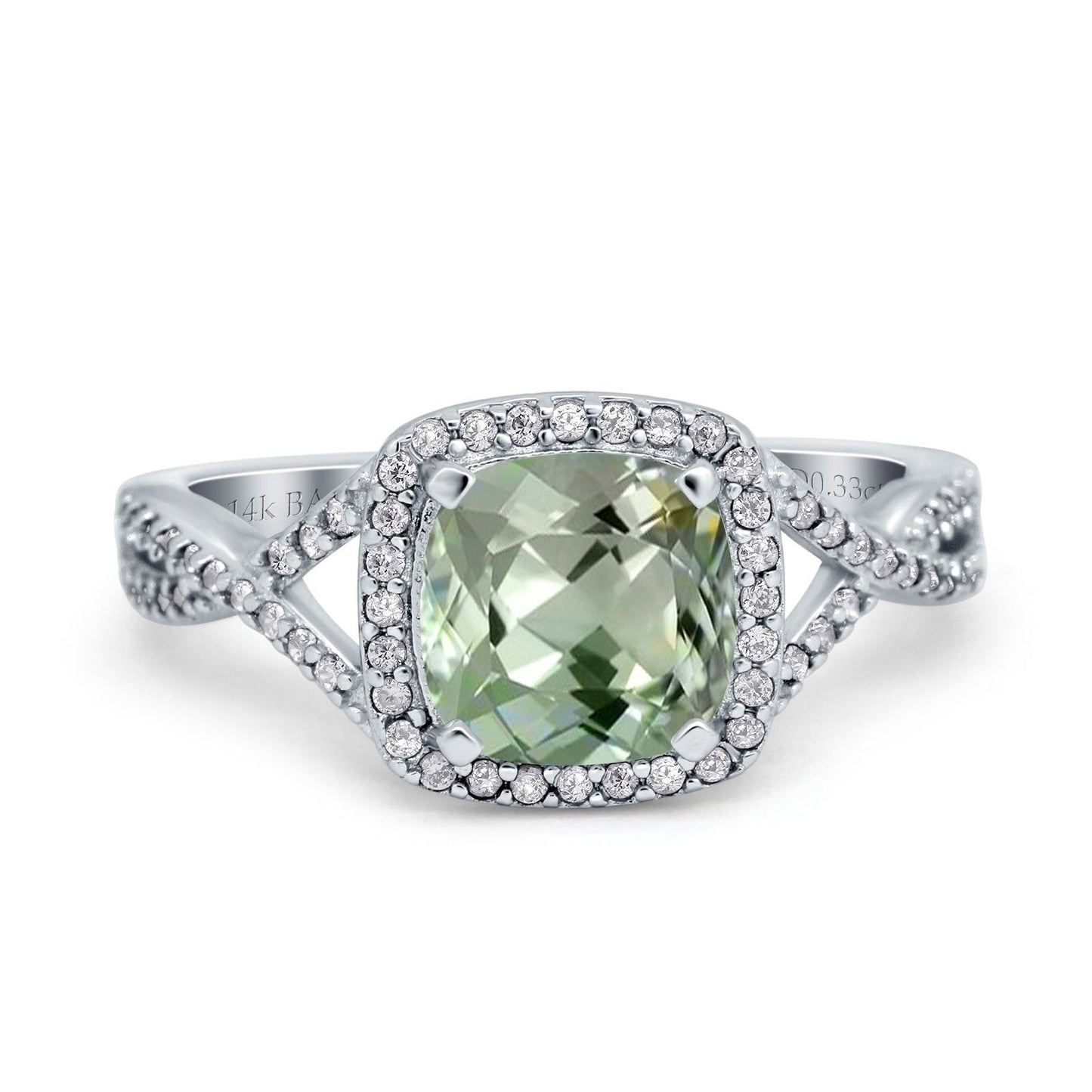 14K White Gold 2.37ct Cushion Infinity Shank 8mm G SI Natural Green Amethyst Diamond Engagement Wedding Ring Size 6.5