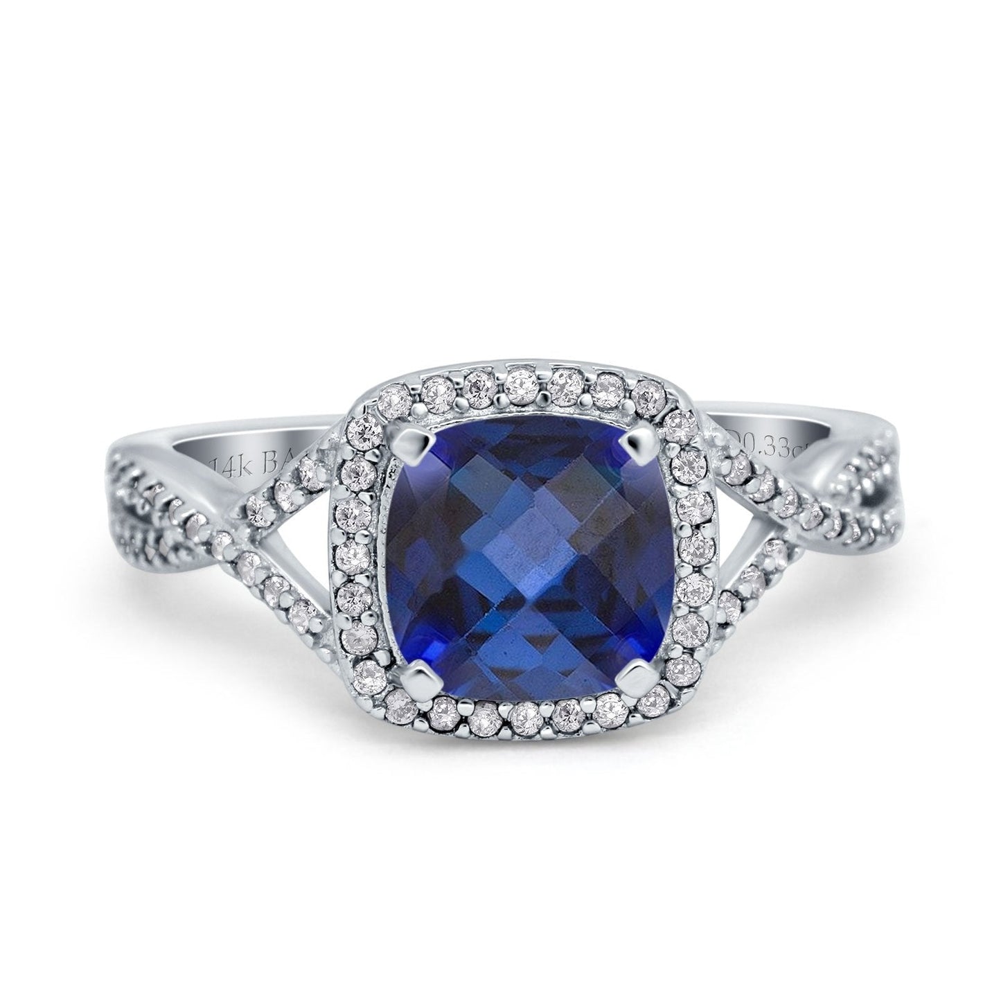 14K White Gold 2.37ct Cushion Infinity Shank 8mm G SI Nano Blue Sapphire Diamond Engagement Wedding Ring Size 6.5