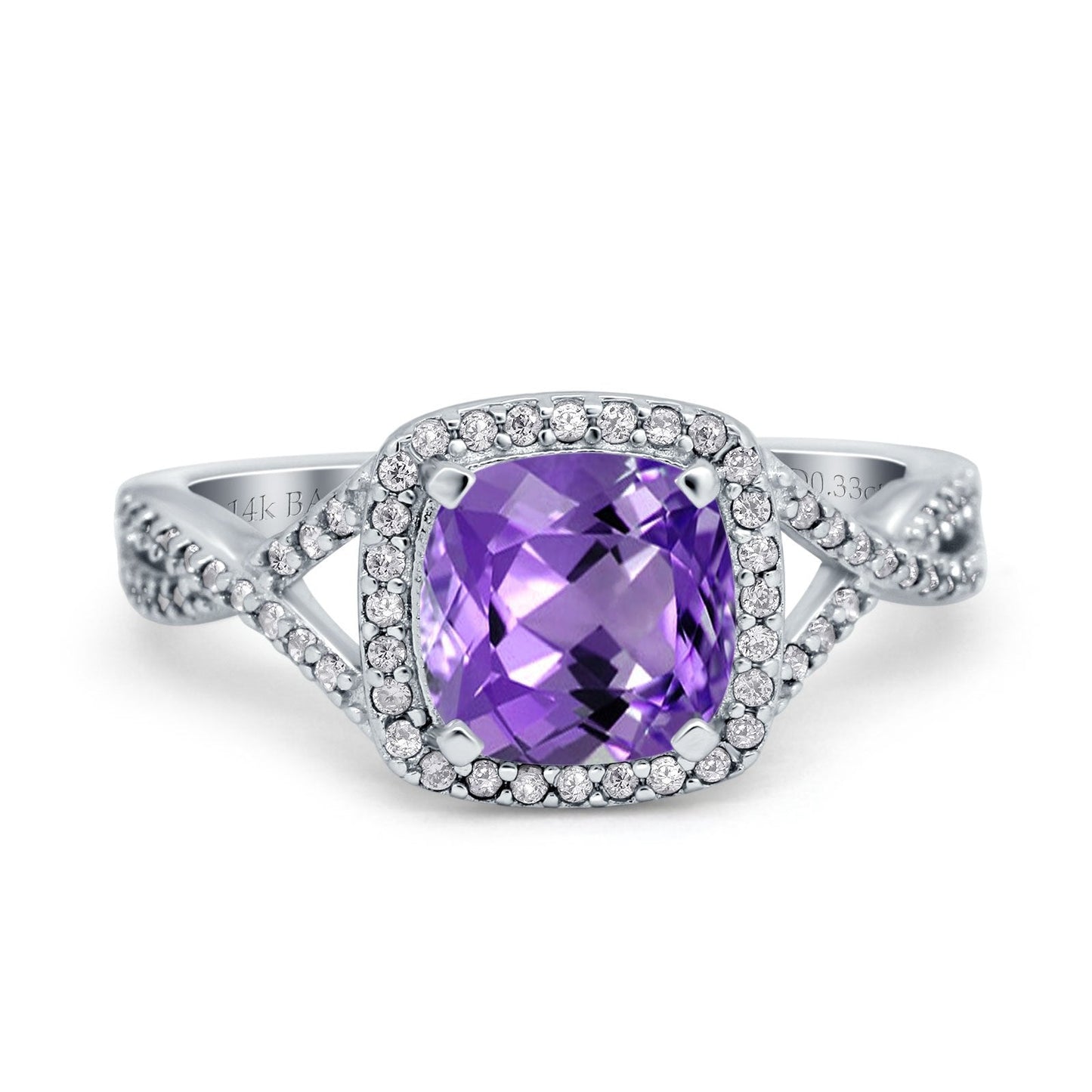 14K White Gold 2.37ct Cushion Infinity Shank 8mm G SI Natural Amethyst Diamond Engagement Wedding Ring Size 6.5