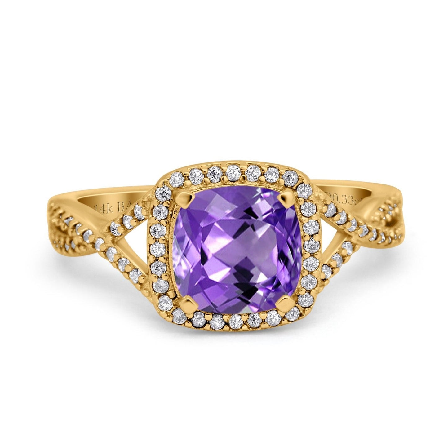 14K Yellow Gold 2.37ct Cushion Infinity Shank 8mm G SI Natural Amethyst Diamond Engagement Wedding Ring Size 6.5