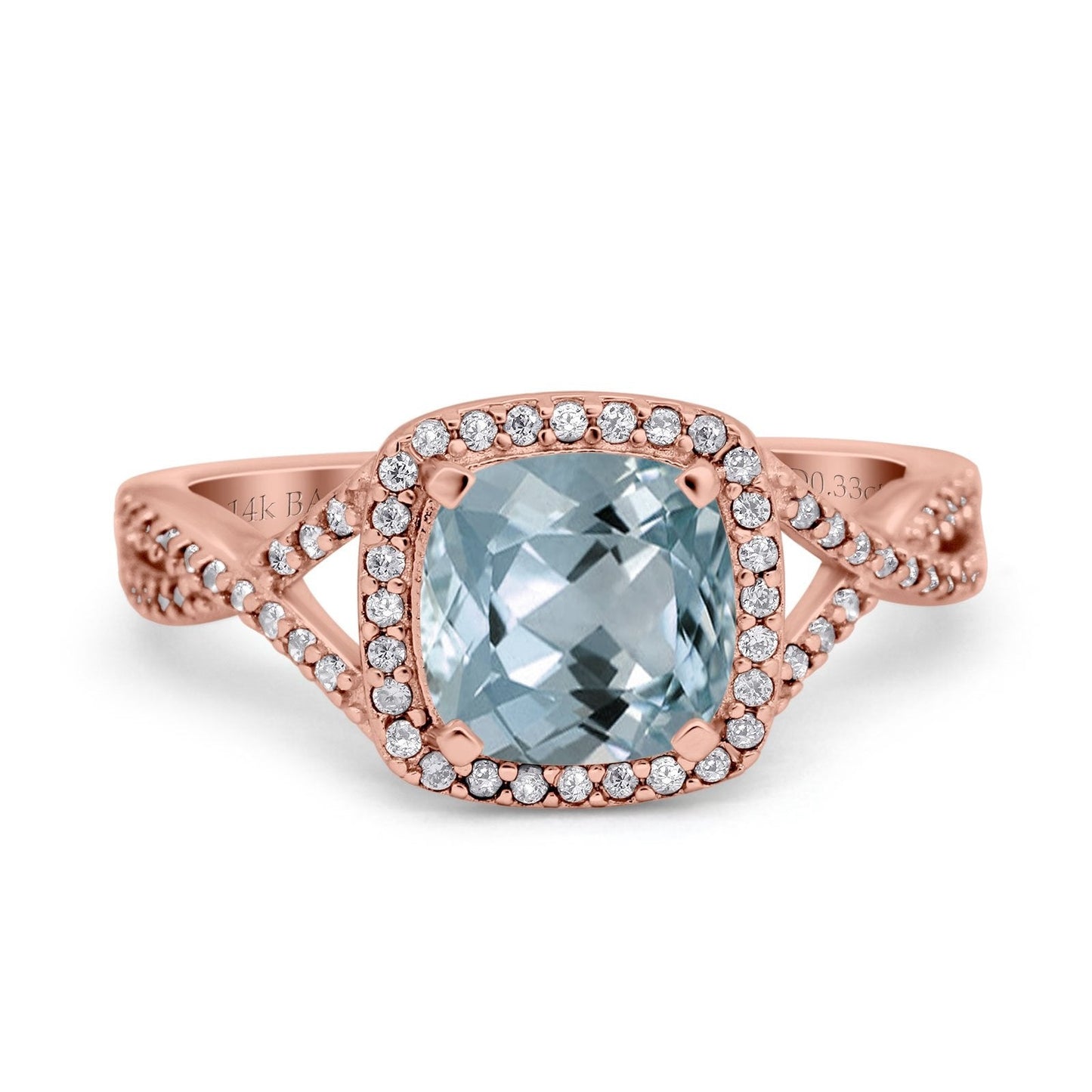 14K Rose Gold 2.37ct Cushion Infinity Shank 8mm G SI Natural Aquamarine Diamond Engagement Wedding Ring Size 6.5