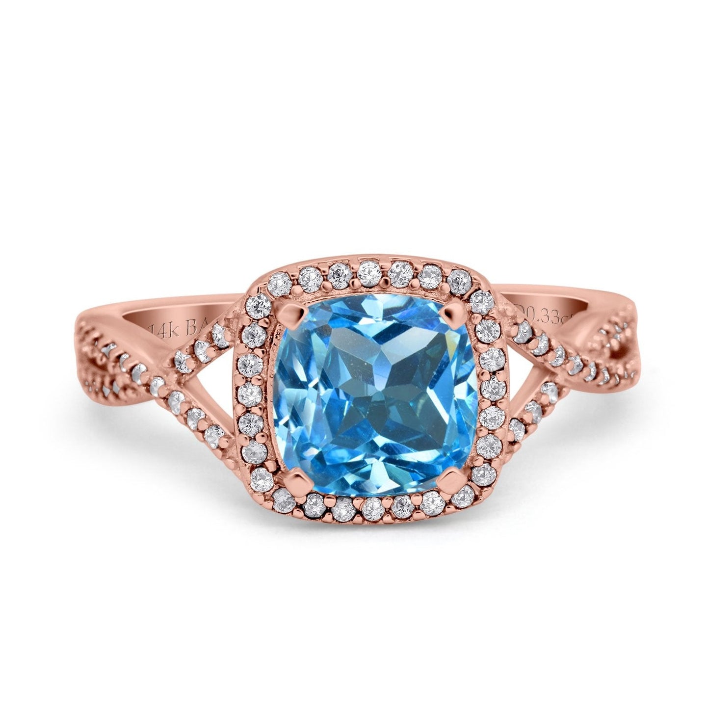 14K Rose Gold 2.37ct Cushion Infinity Shank 8mm G SI Natural Blue Topaz Diamond Engagement Wedding Ring Size 6.5