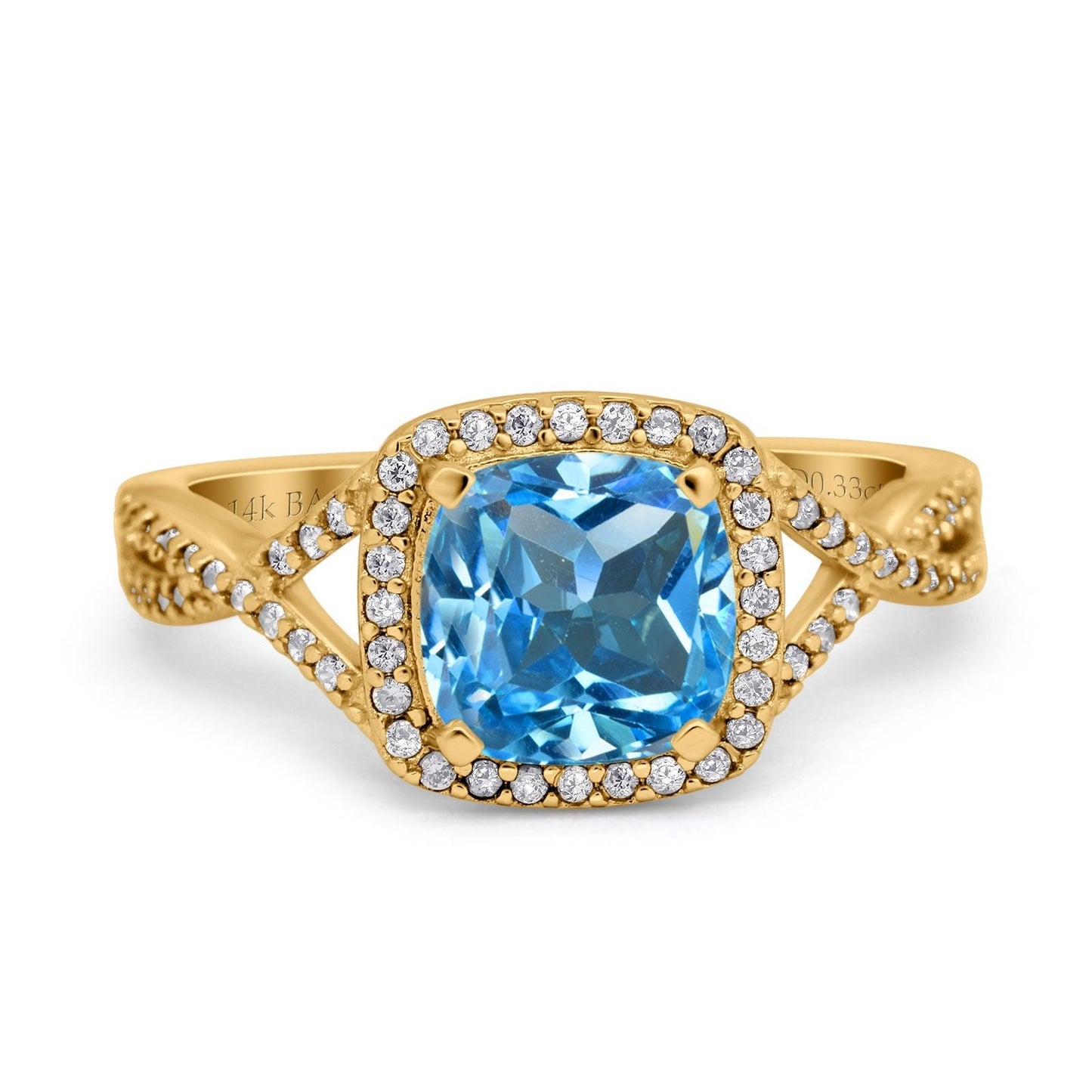 14K Yellow Gold 2.37ct Cushion Infinity Shank 8mm G SI Natural Blue Topaz Diamond Engagement Wedding Ring Size 6.5