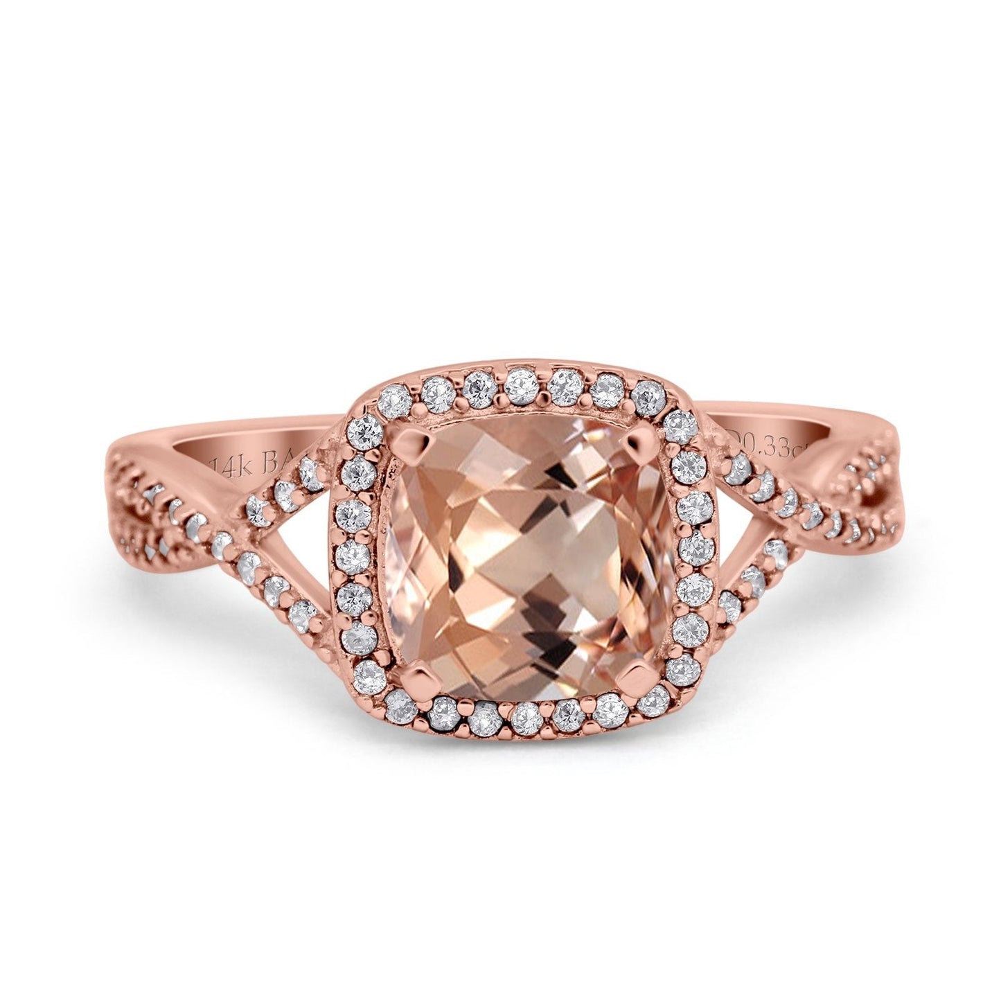 14K Rose Gold 2.37ct Cushion Infinity Shank 8mm G SI Natural Morganite Diamond Engagement Wedding Ring Size 6.5