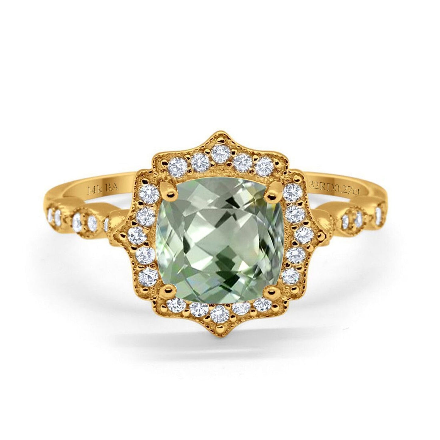 14K Yellow Gold 2.31ct Cushion 8mm Halo G SI Natural Green Amethyst Diamond Engagement Wedding Ring Size 6.5