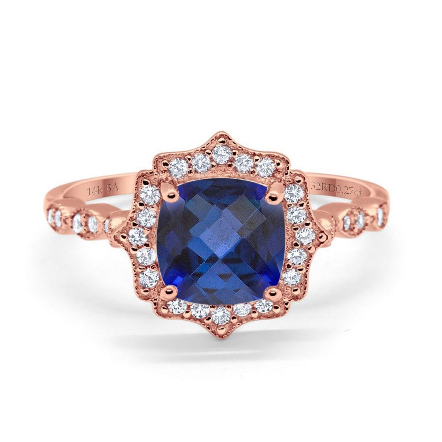 14K Rose Gold 2.31ct Cushion 8mm Halo G SI Nano Blue Sapphire Diamond Engagement Wedding Ring Size 6.5