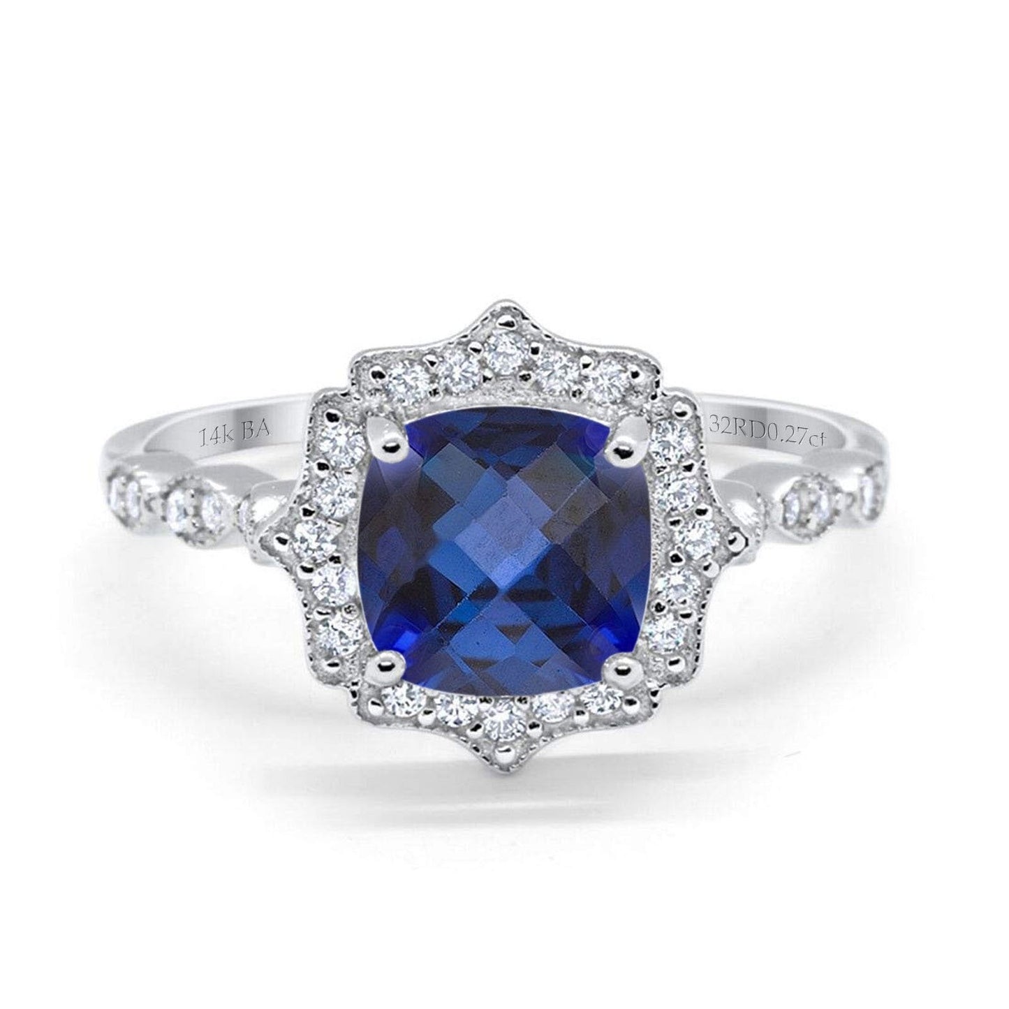 14K White Gold 2.31ct Cushion 8mm Halo G SI Nano Blue Sapphire Diamond Engagement Wedding Ring Size 6.5