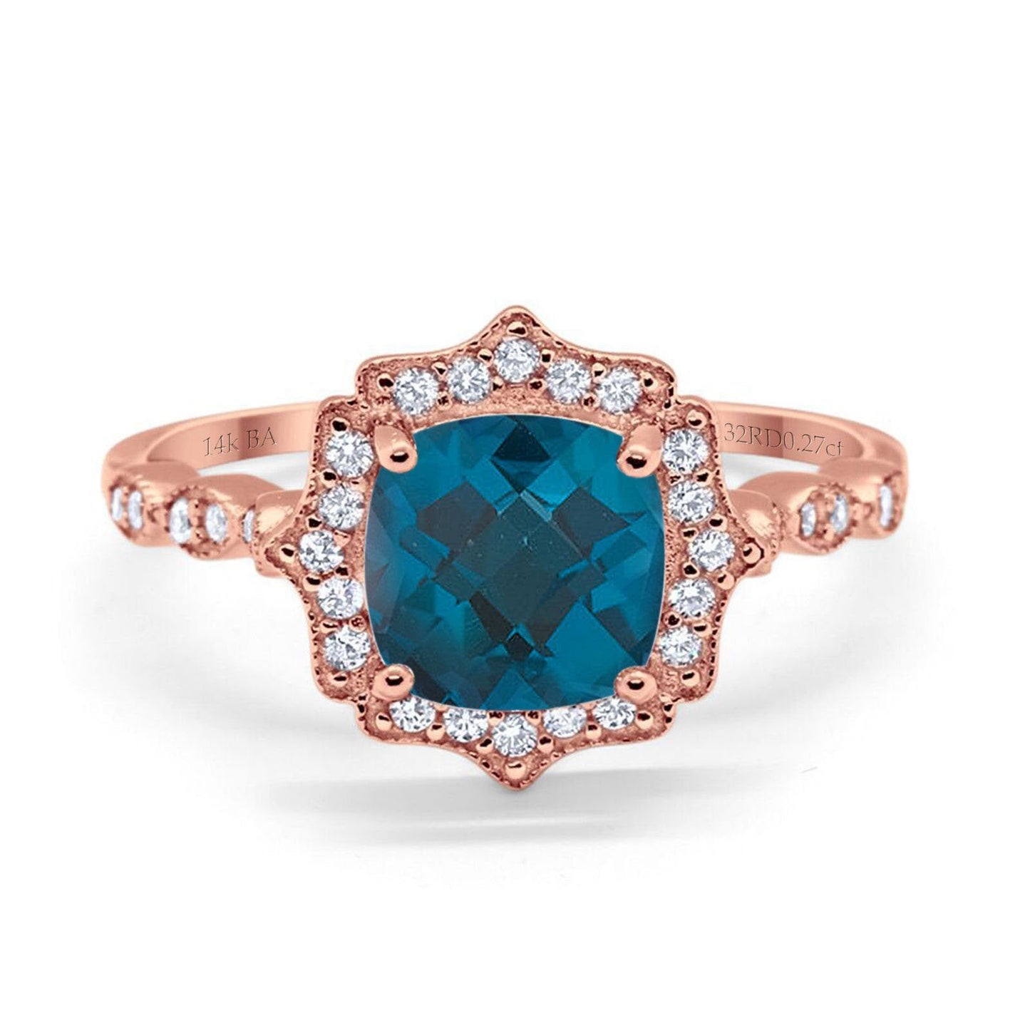 14K Rose Gold 2.31ct Cushion 8mm Halo G SI London Blue Topaz Diamond Engagement Wedding Ring Size 6.5