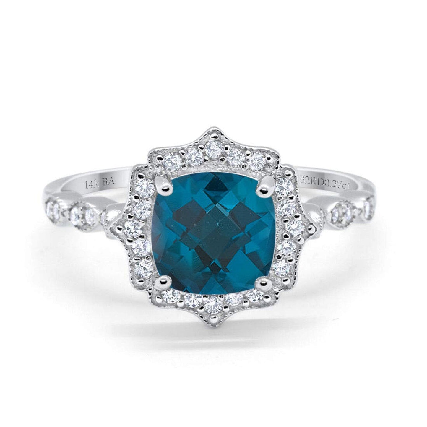 14K White Gold 2.31ct Cushion 8mm Halo G SI London Blue Topaz Diamond Engagement Wedding Ring Size 6.5