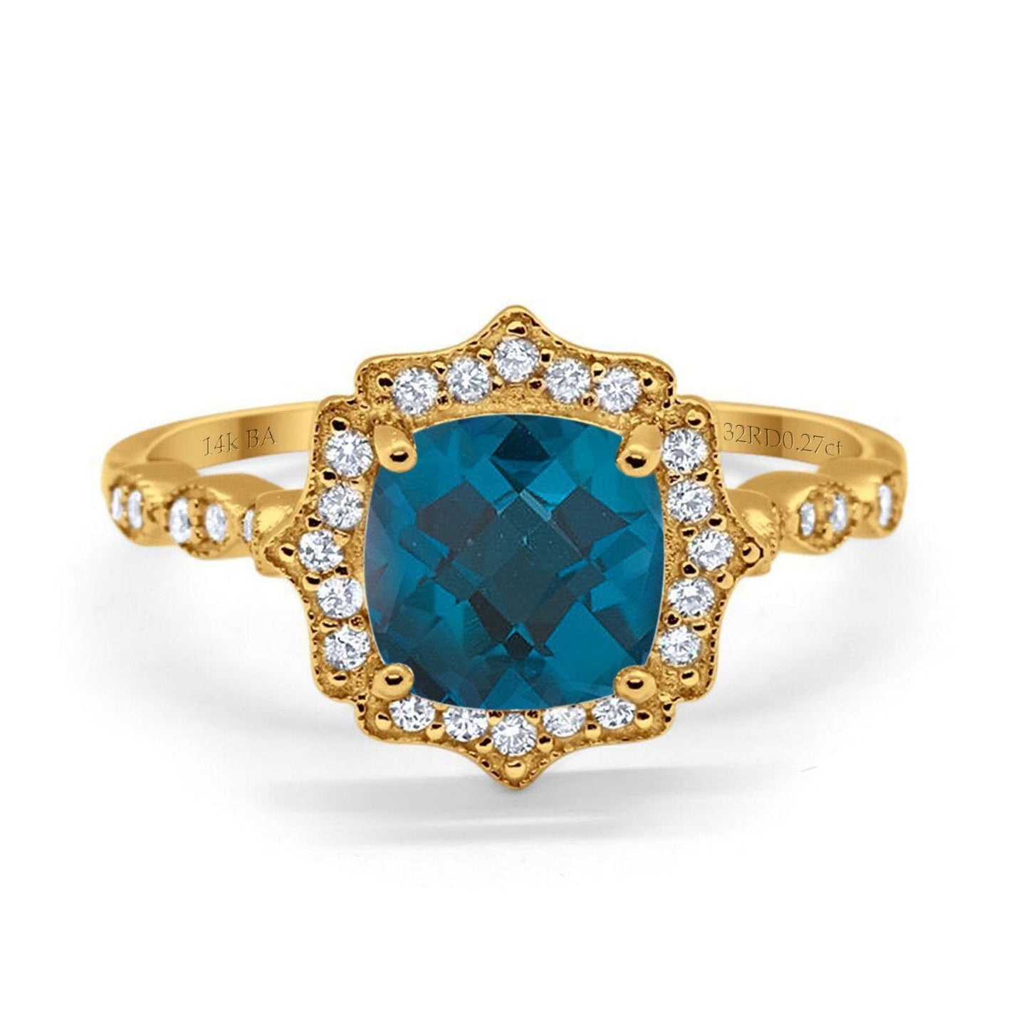 14K Yellow Gold 2.31ct Cushion 8mm Halo G SI London Blue Topaz Diamond Engagement Wedding Ring Size 6.5