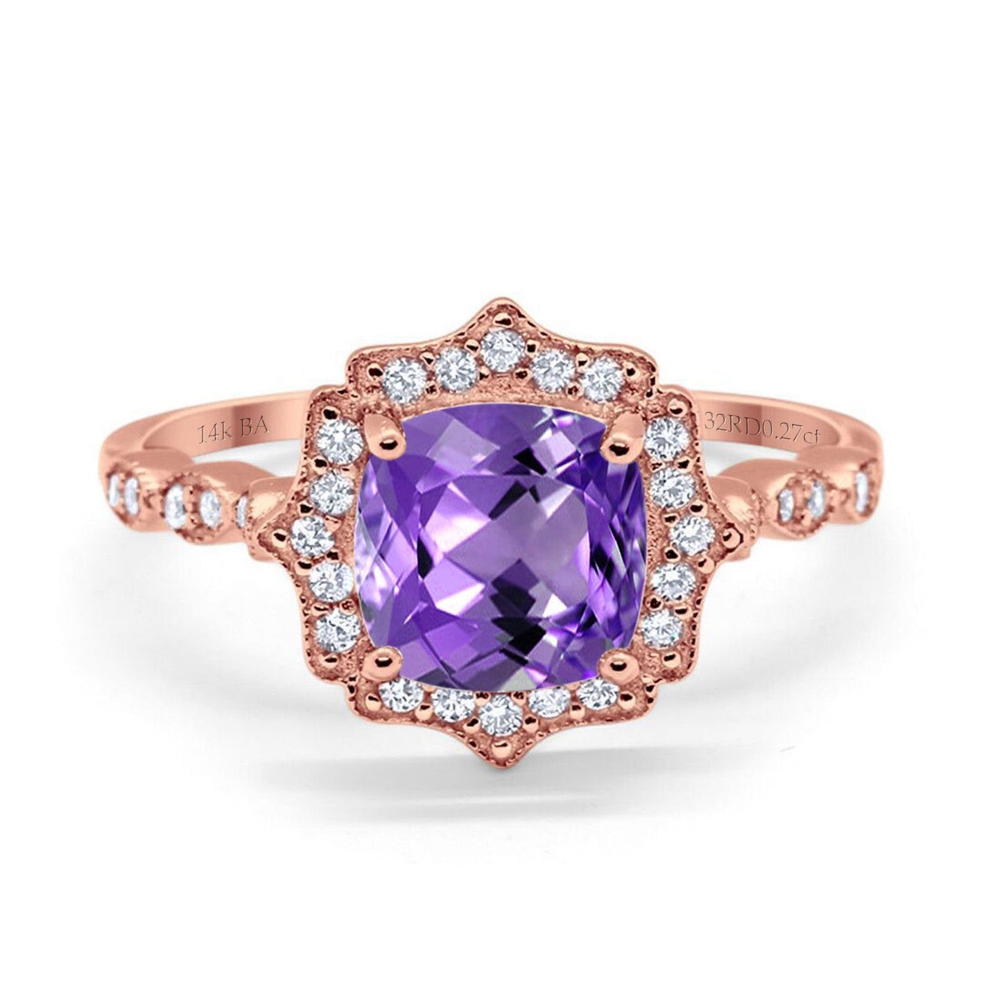 14K Rose Gold 2.31ct Cushion 8mm Halo G SI Natural Amethyst Diamond Engagement Wedding Ring Size 6.5