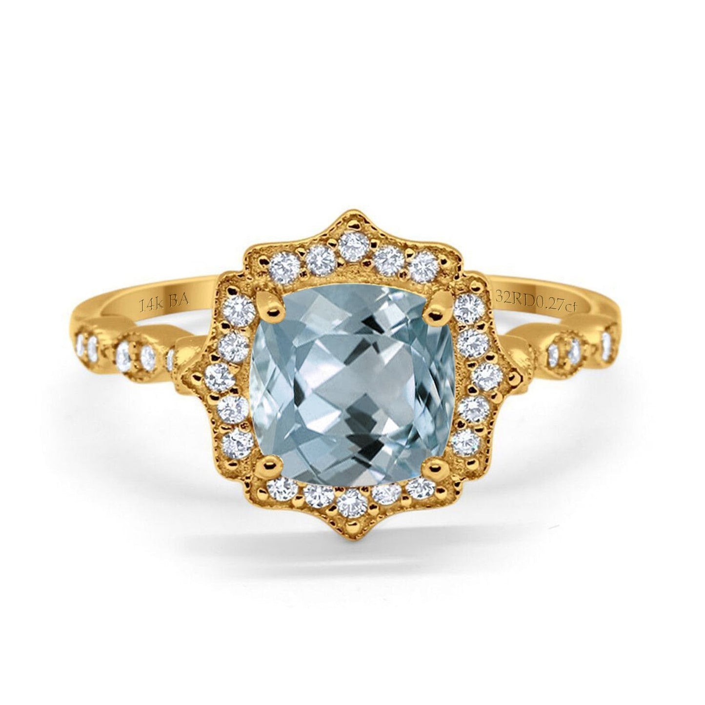 14K Yellow Gold 2.31ct Cushion 8mm Halo G SI Natural Aquamarine Diamond Engagement Wedding Ring Size 6.5