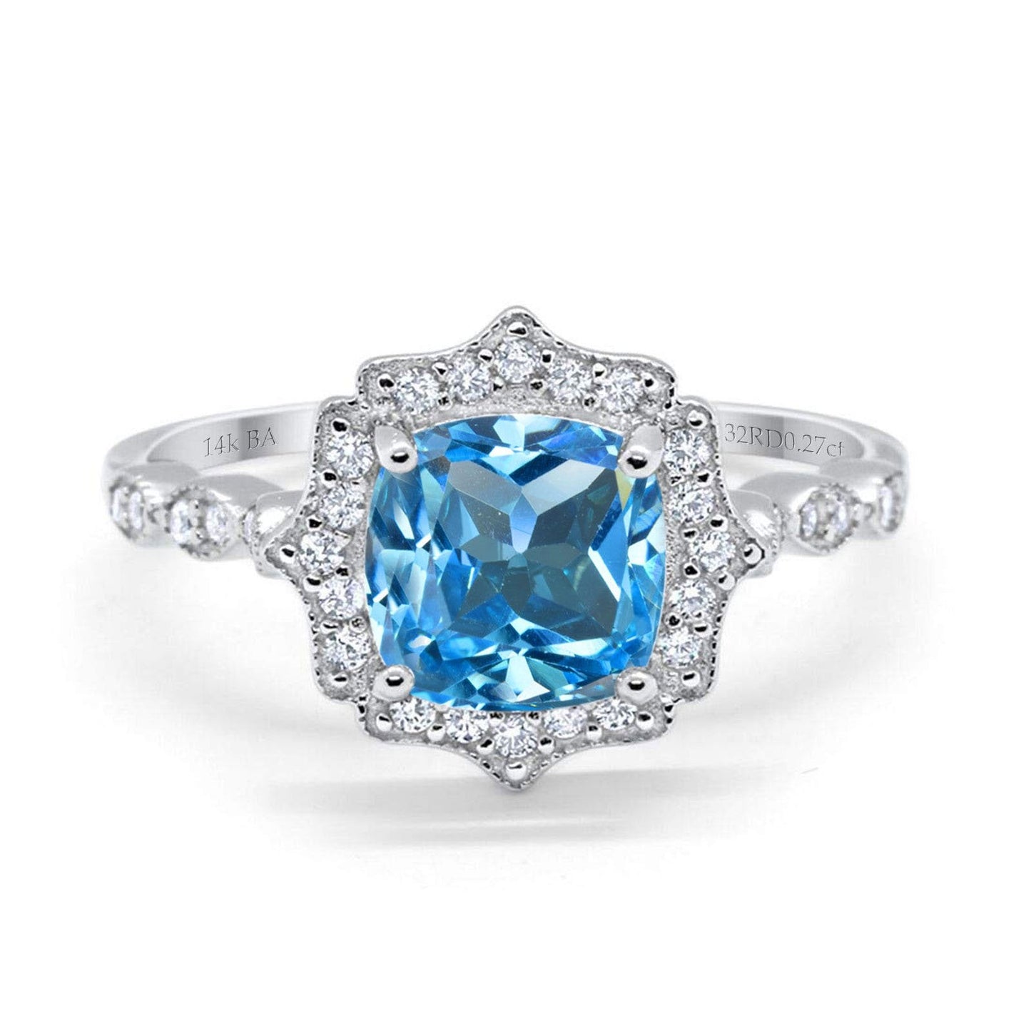 14K White Gold 2.31ct Cushion 8mm Halo G SI Natural Blue Topaz Diamond Engagement Wedding Ring Size 6.5