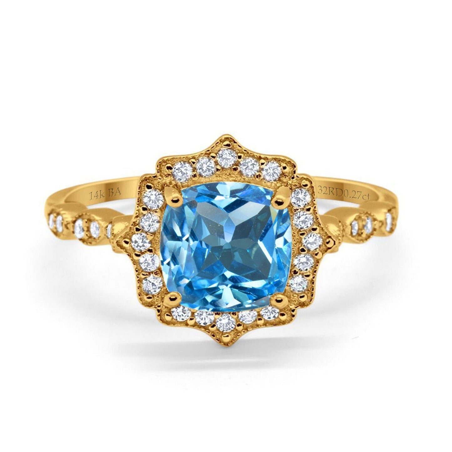 14K Yellow Gold 2.31ct Cushion 8mm Halo G SI Natural Blue Topaz Diamond Engagement Wedding Ring Size 6.5