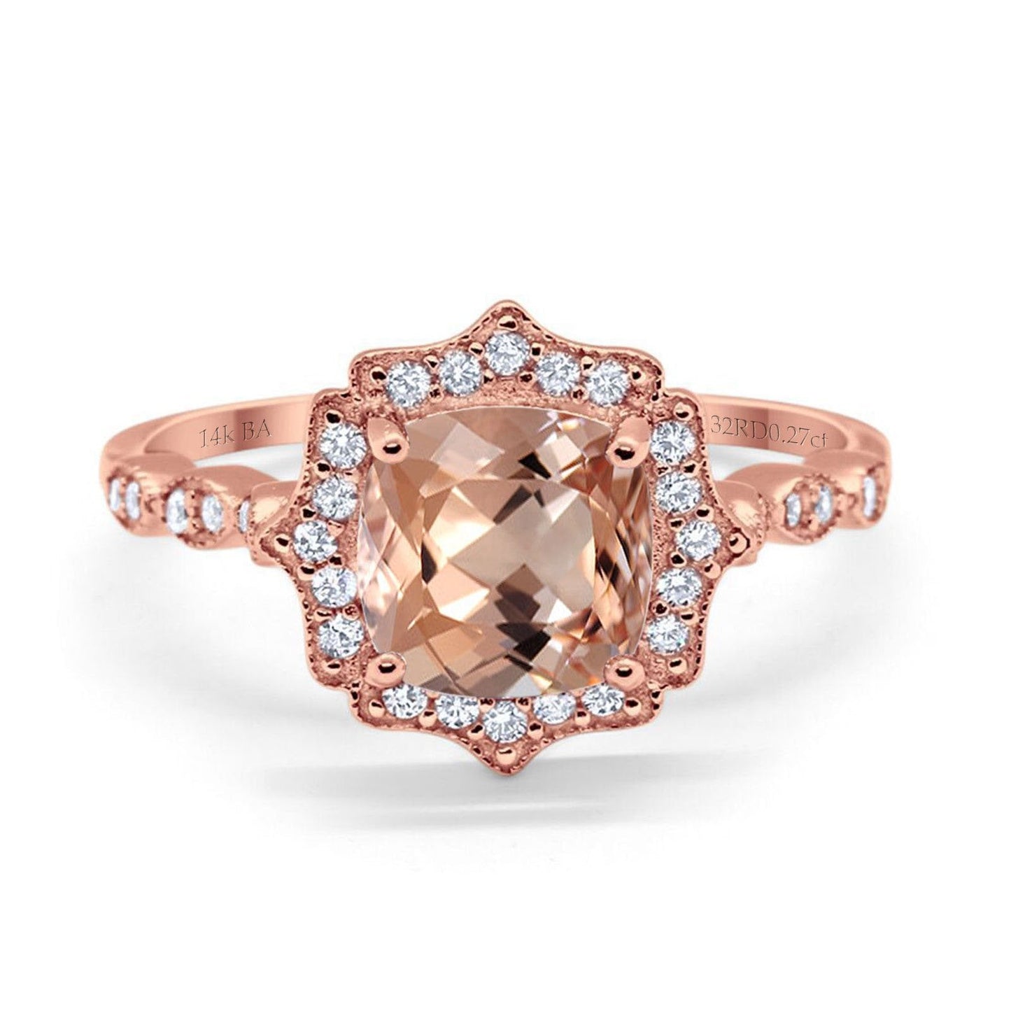 14K Rose Gold 2.31ct Cushion 8mm Halo G SI Natural Morganite Diamond Engagement Wedding Ring Size 6.5