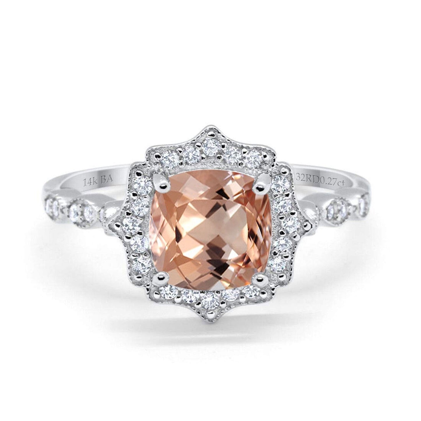 14K White Gold 2.31ct Cushion 8mm Halo G SI Natural Morganite Diamond Engagement Wedding Ring Size 6.5