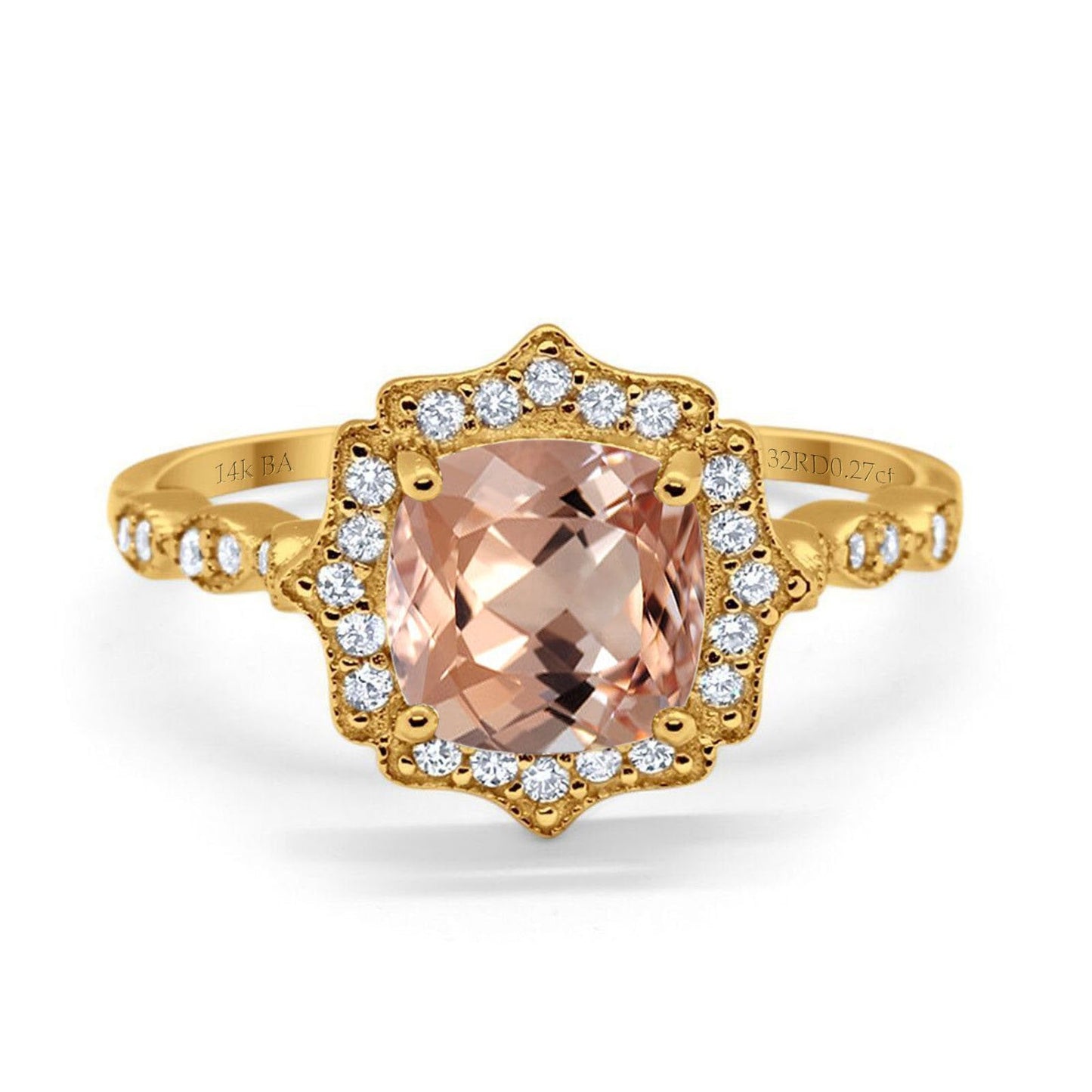 14K Yellow Gold 2.31ct Cushion 8mm Halo G SI Natural Morganite Diamond Engagement Wedding Ring Size 6.5