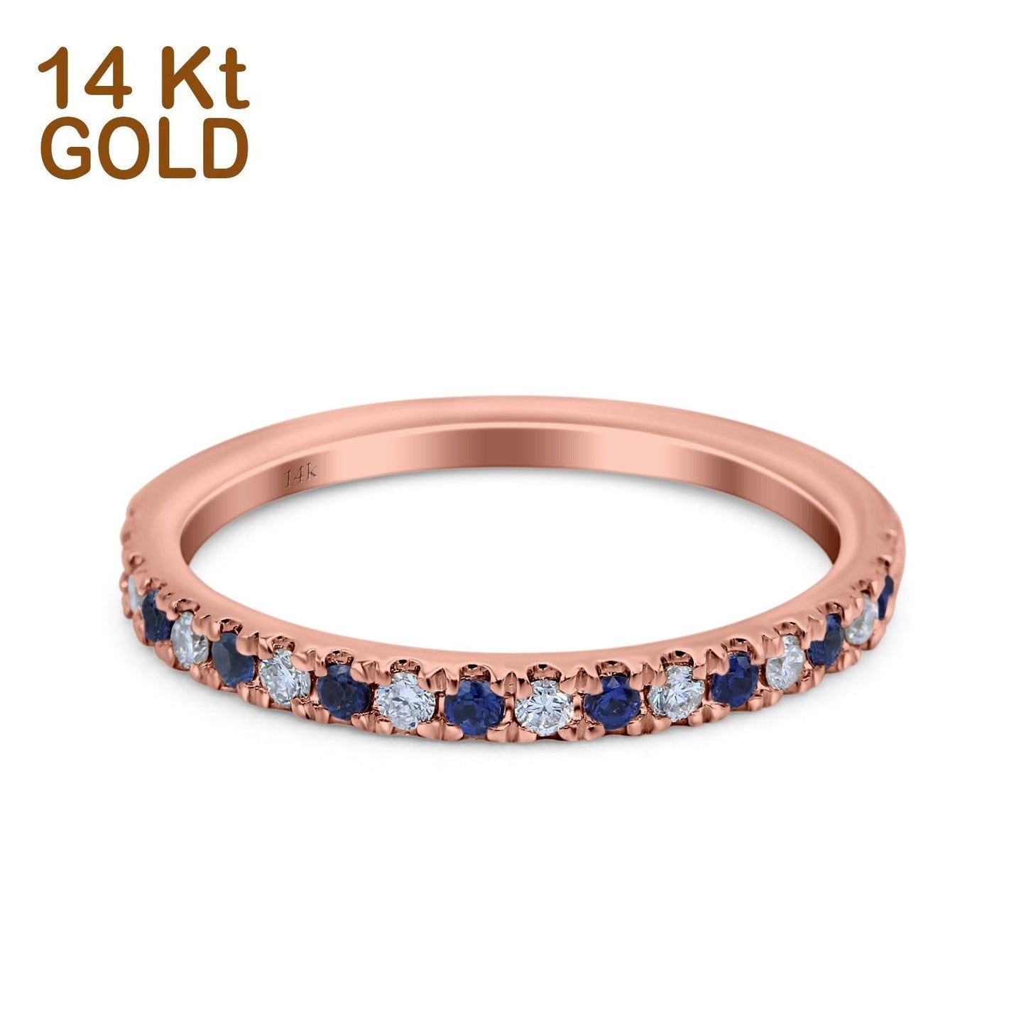 14K Rose Gold Natural Sapphire 0.23ct Diamond 3mm Wedding Band Half Eternity Ring Size 6.5