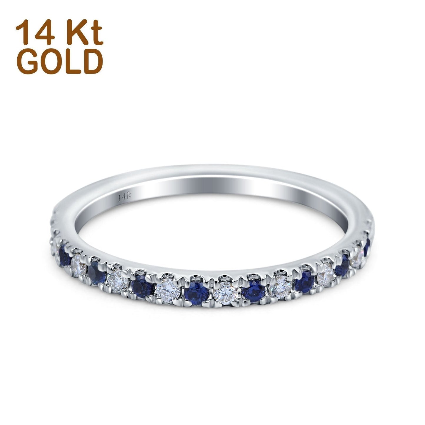 14K White Gold Natural Sapphire 0.23ct Diamond 3mm Wedding Band Half Eternity Ring Size 6.5