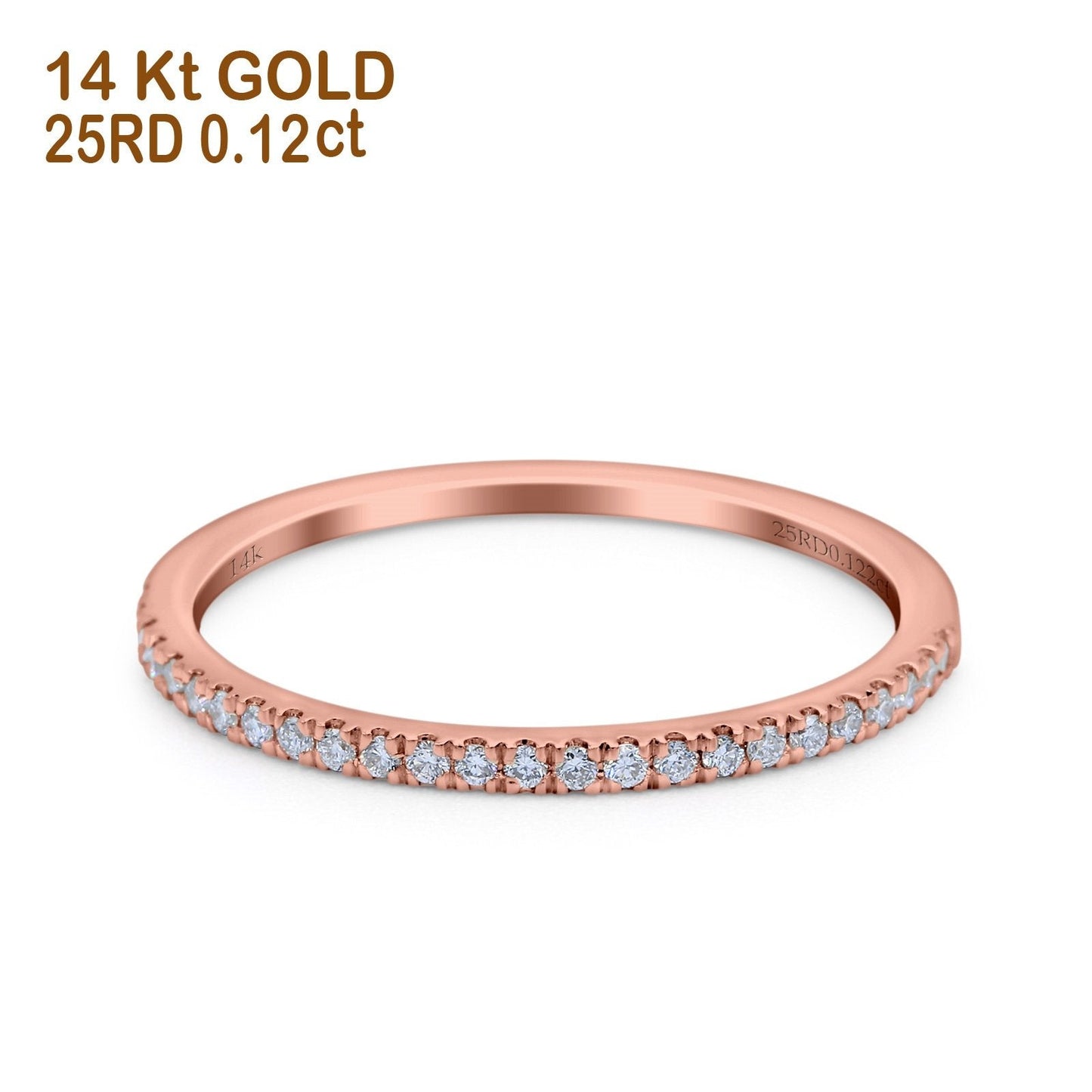 14K Rose Gold Half Eternity 0.12ct Diamond 1.3mm Band Engagement Ring Size 6.5