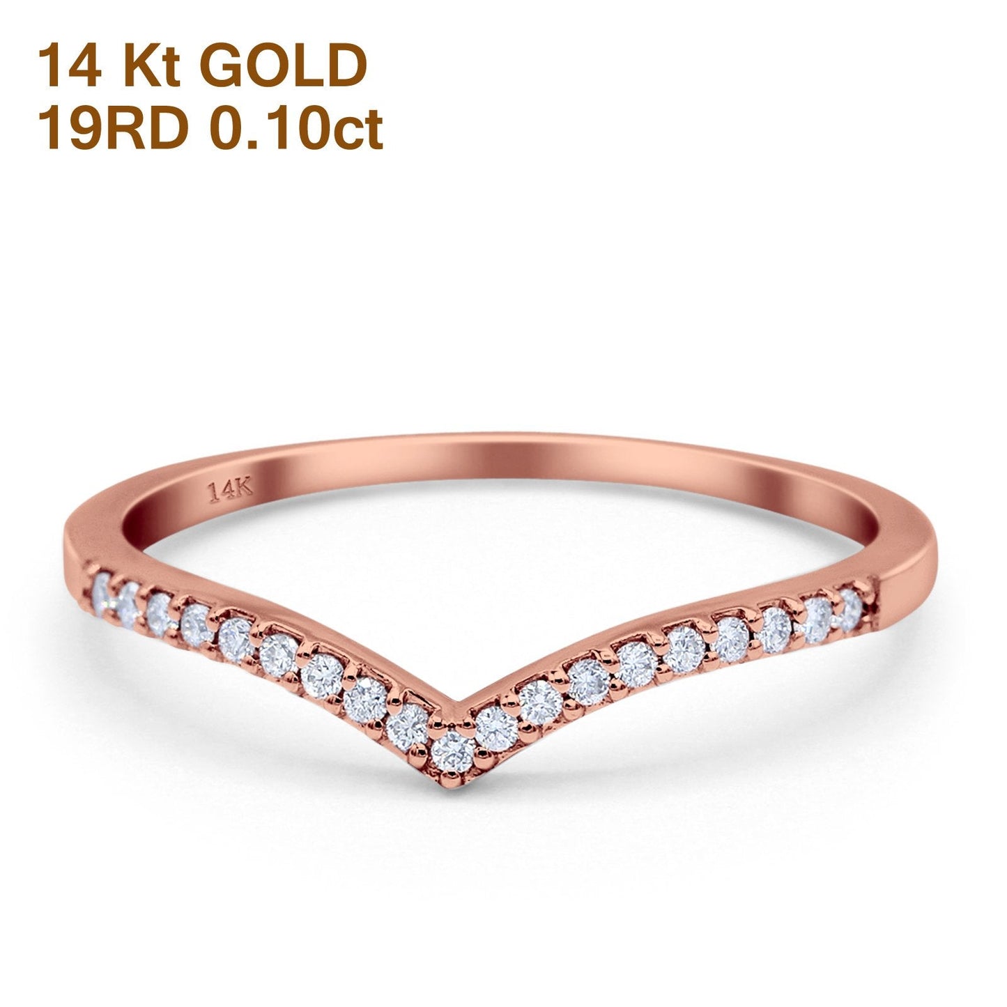 14K Rose Gold 0.10ct Round 4mm F S2 V Shape Stackable Chevron Diamond Half Eternity Wedding Band Ring Size 6.5