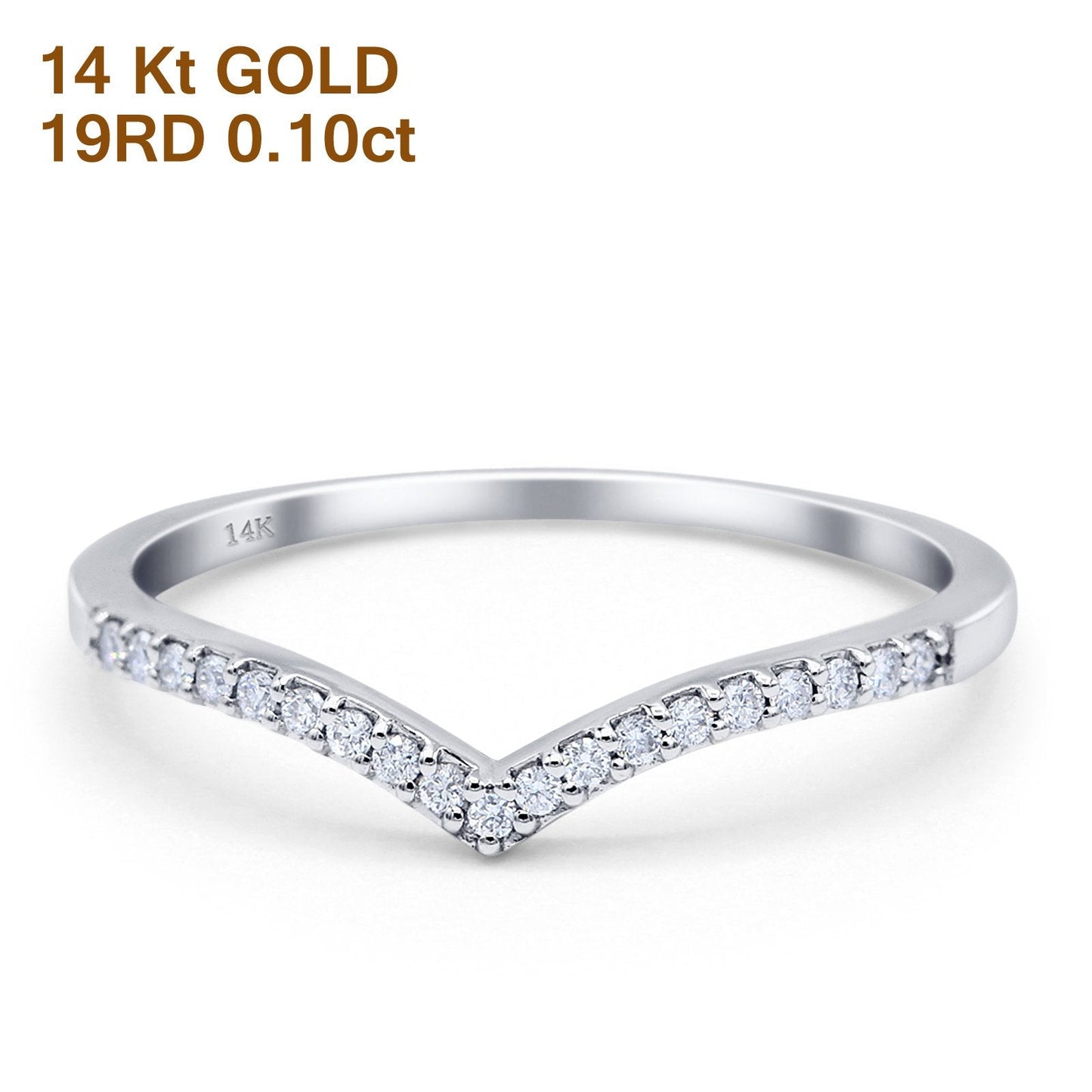 14K White Gold 0.10ct Round 4mm F S2 V Shape Stackable Chevron Diamond Half Eternity Wedding Band Ring Size 6.5