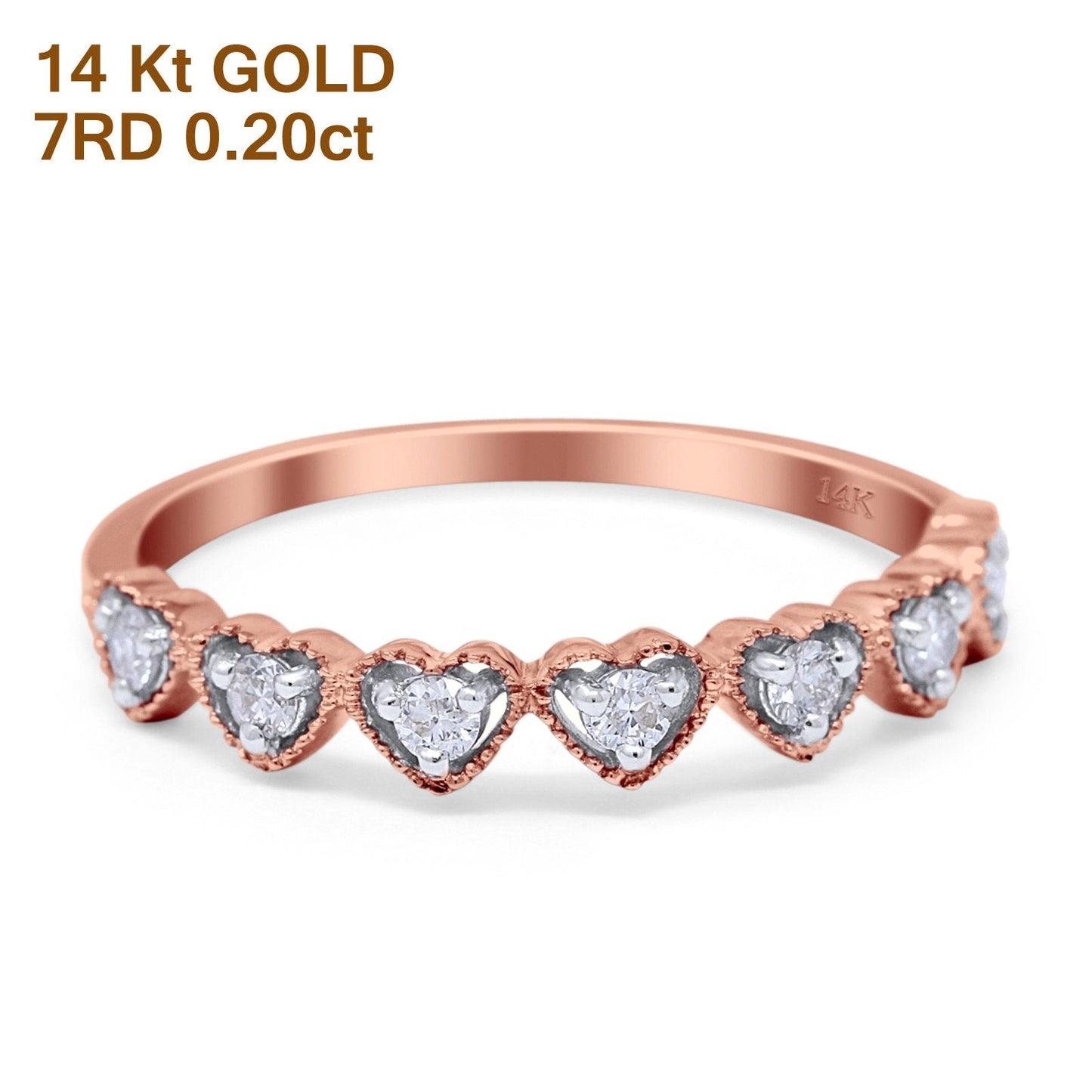 14K Rose Gold 0.20ct Heart 6.3mm G SI Diamond Engagement Half Eternity Wedding Ring Size 6.5