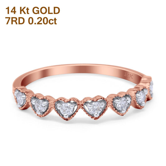 14K Rose Gold 0.20ct Heart 6.3mm G SI Diamond Engagement Half Eternity Wedding Ring Size 6.5