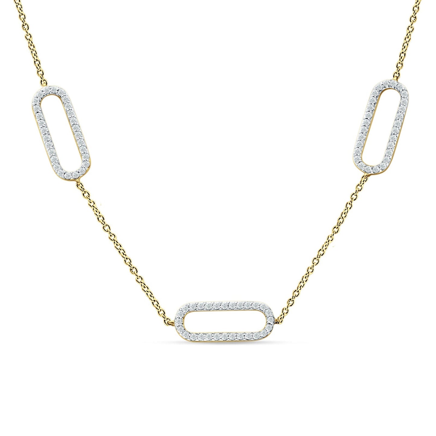 14K Yellow Gold 0.37ct Three Link Oval Paperclip Chain Necklace Natural Diamond Pendant 18" Long