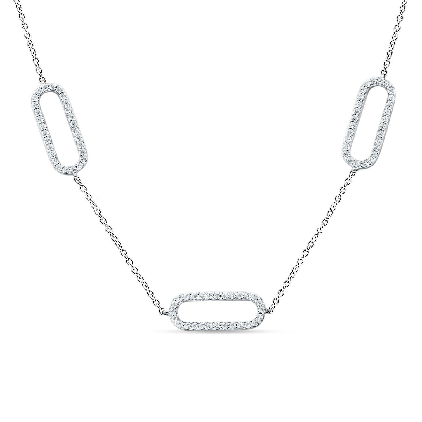 14K White Gold 0.37ct Three Link Oval Paperclip Chain Necklace Natural Diamond Pendant 18" Long