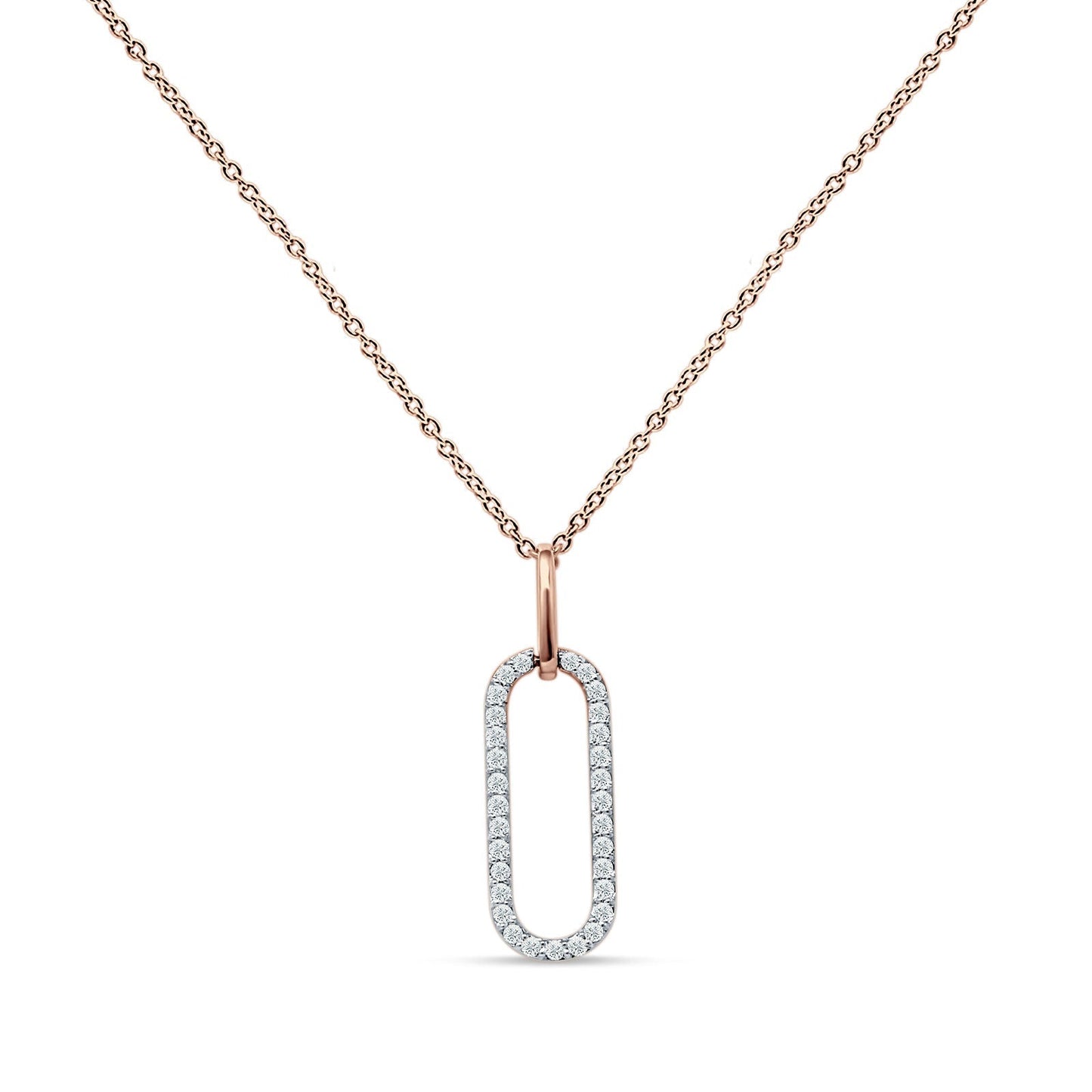 14K Rose Gold 0.16ct Oval Papercllip Drop Necklace Natural Diamond Pendant 18 Inch Long