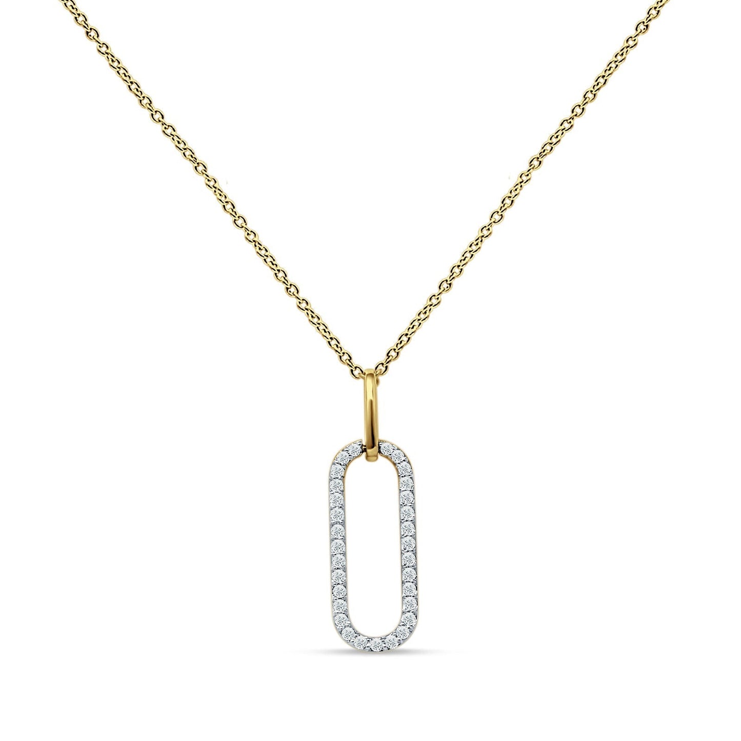 14K Yellow Gold 0.16ct Oval Papercllip Drop Necklace Natural Diamond Pendant 18" Long Wholesale