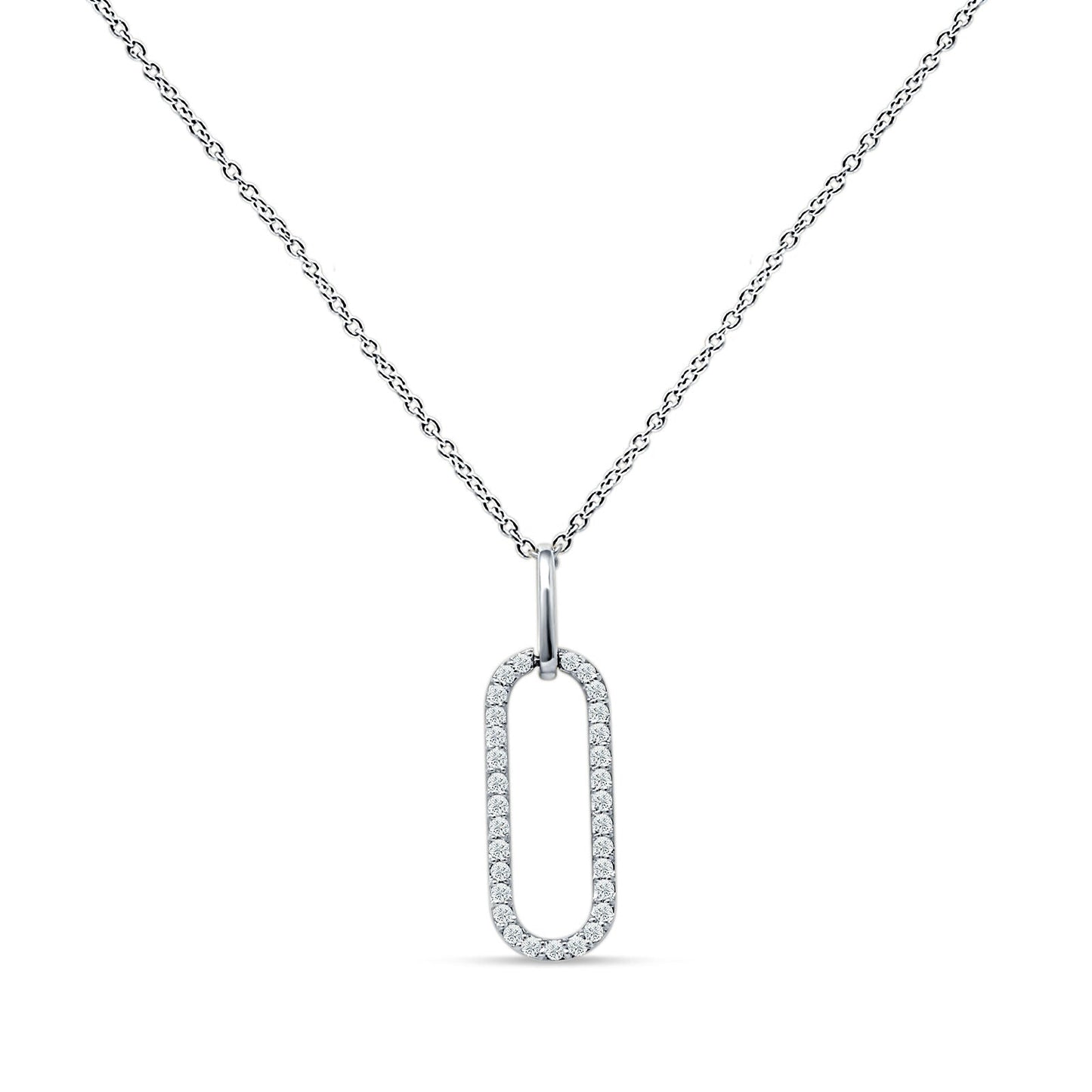 14K White Gold 0.16ct Oval Papercllip Drop Necklace Natural Diamond Pendant 18" Long Wholesale