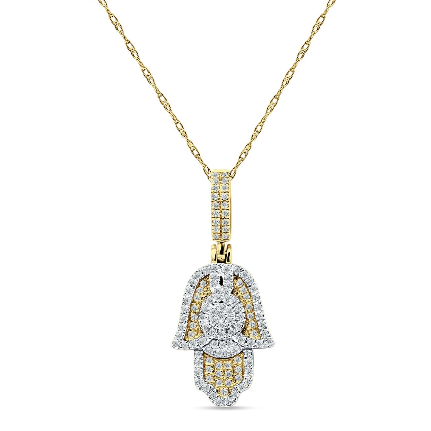 14K Yellow Gold 0.22ct Hamsa Hand Charm Pendant Natural Diamond Necklace 18 Inch