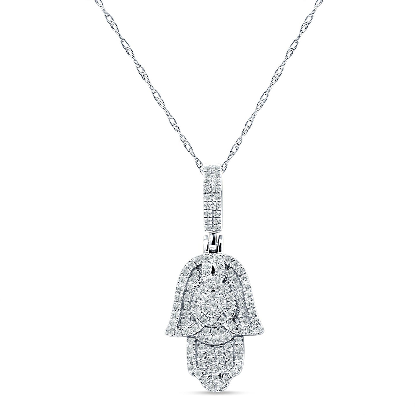 14K White Gold 0.22ct Hamsa Hand Charm Pendant Natural Diamond Necklace 18" Long Wholesale