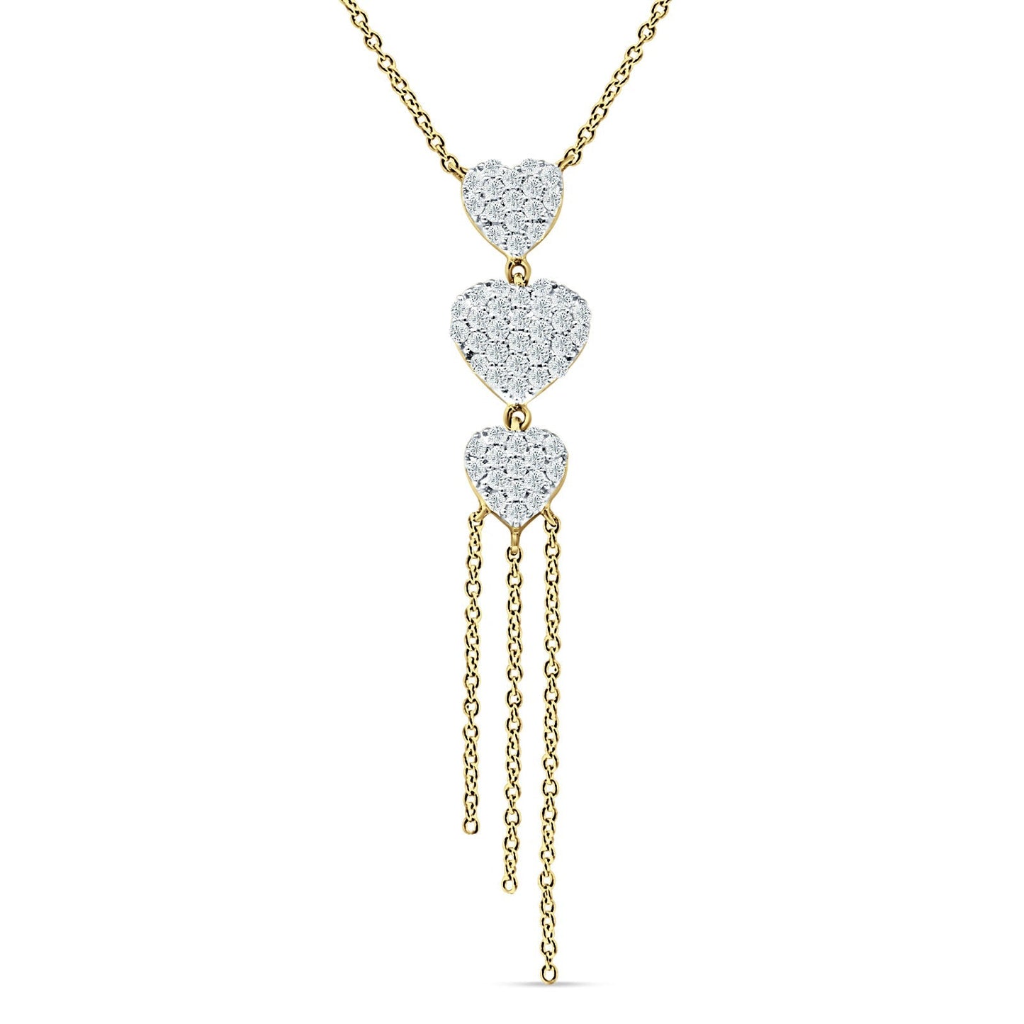 14K Yellow Gold 0.34ct  Three Heart Drop Necklace Round Diamond Pendant 16" Long Wholesale