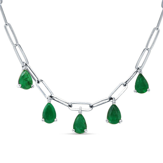 14K White Gold 1.65ct Green Emerald Five Pear Pendant Paperclip Chain Necklace 16 Inch Long